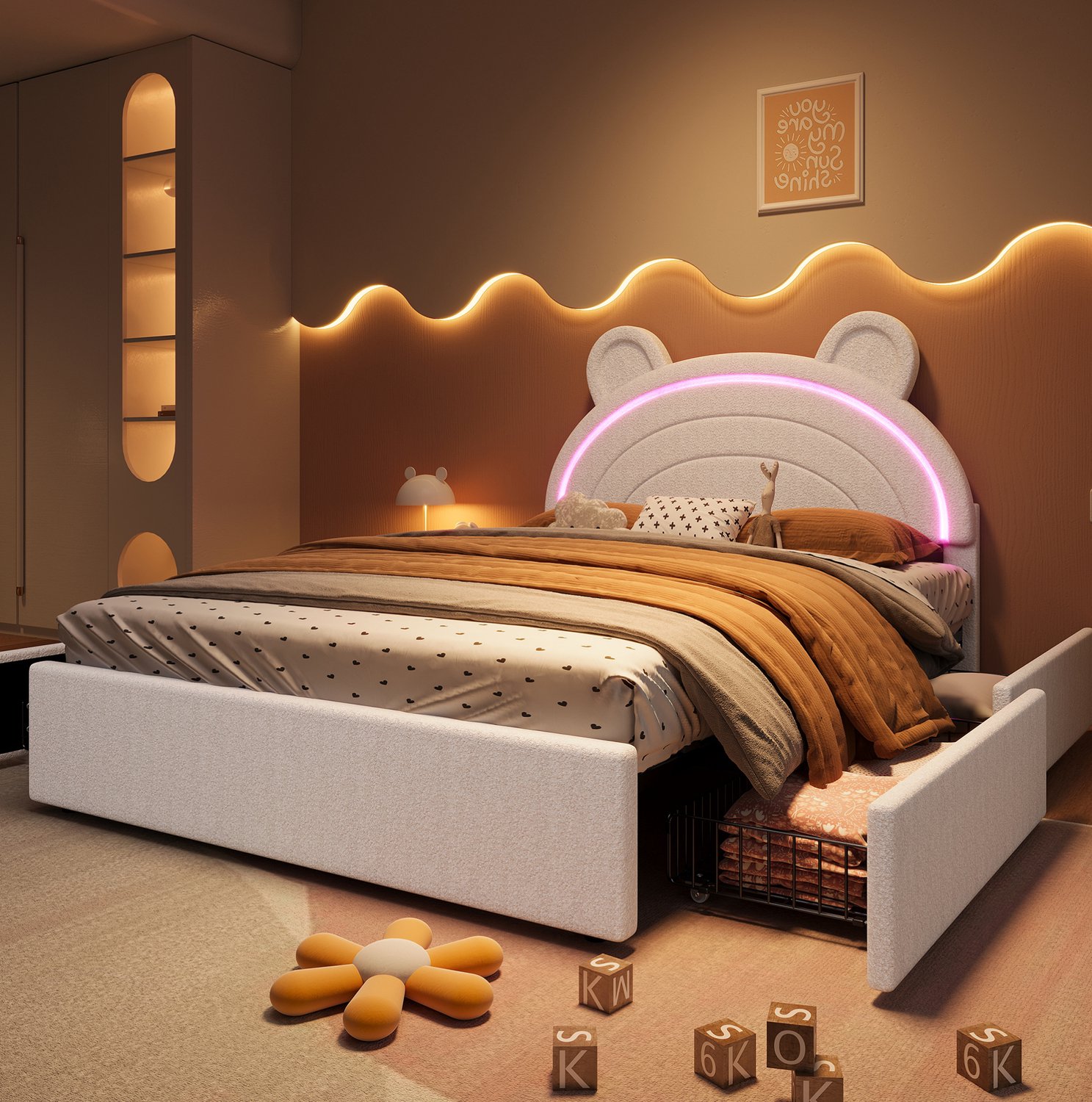 HAUSS SPOLE Gestoffeerd Kinderbed 140x200 cm - Berenhoofdbord met Verlichting - 4 Lades voor de Kinderkamer - Zonder Matras - Fluweel - Beige
