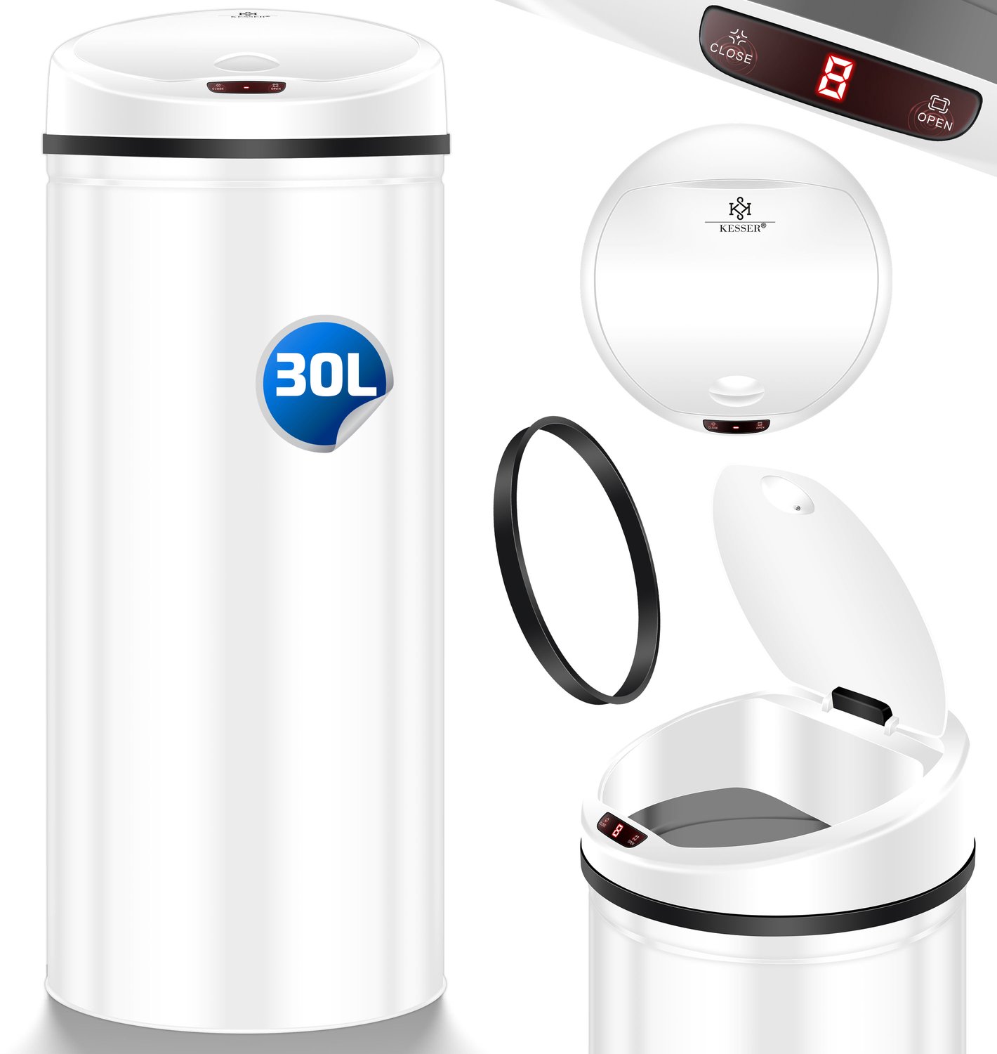 KESSER® Prullenbak - Prullenbak met sensor - Automatische Sensor Afvalemmer Infrarood Sensor - Vuilnisbak met Elektrische Deksel / Vingerafdrukvrij - STAINLESS STEEL Papierafvalemmer - 30 Liter, Wit