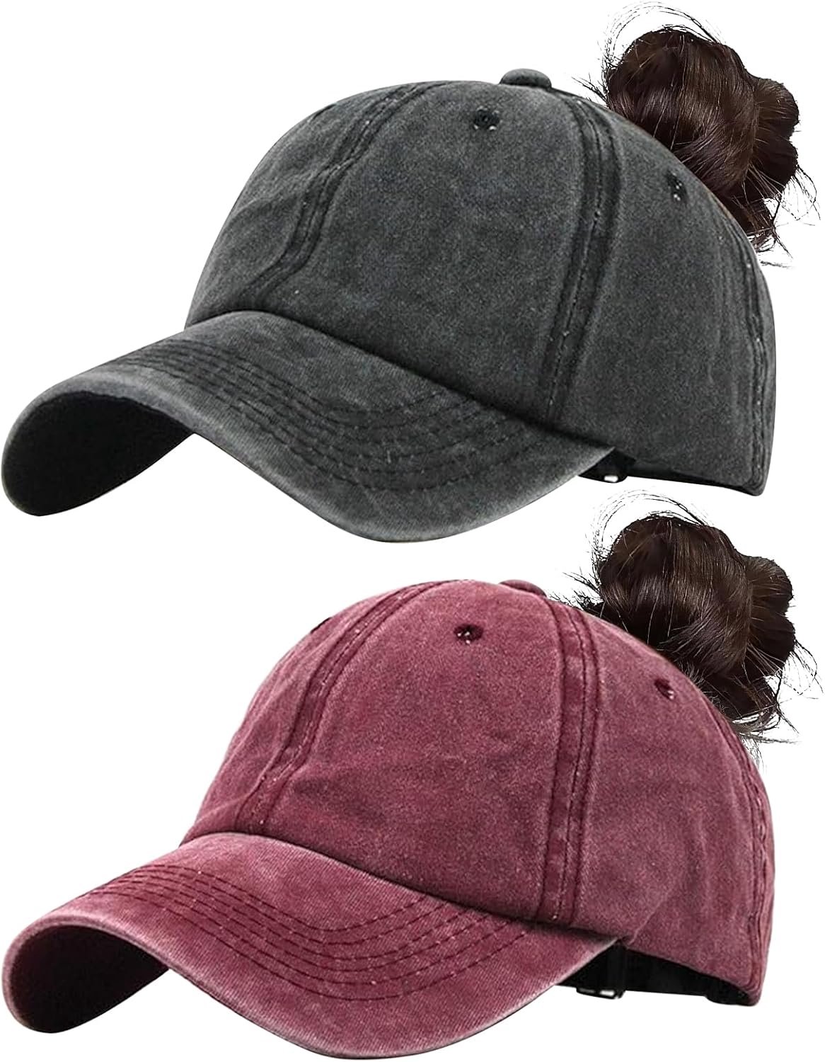 Honkbalpet voor dames, 2 stuks, paardenstaart, honkbalpet voor dames, ademend, verstelbaar, vintage muts, zonwering, basecap met vlechtgat voor zomer, sport