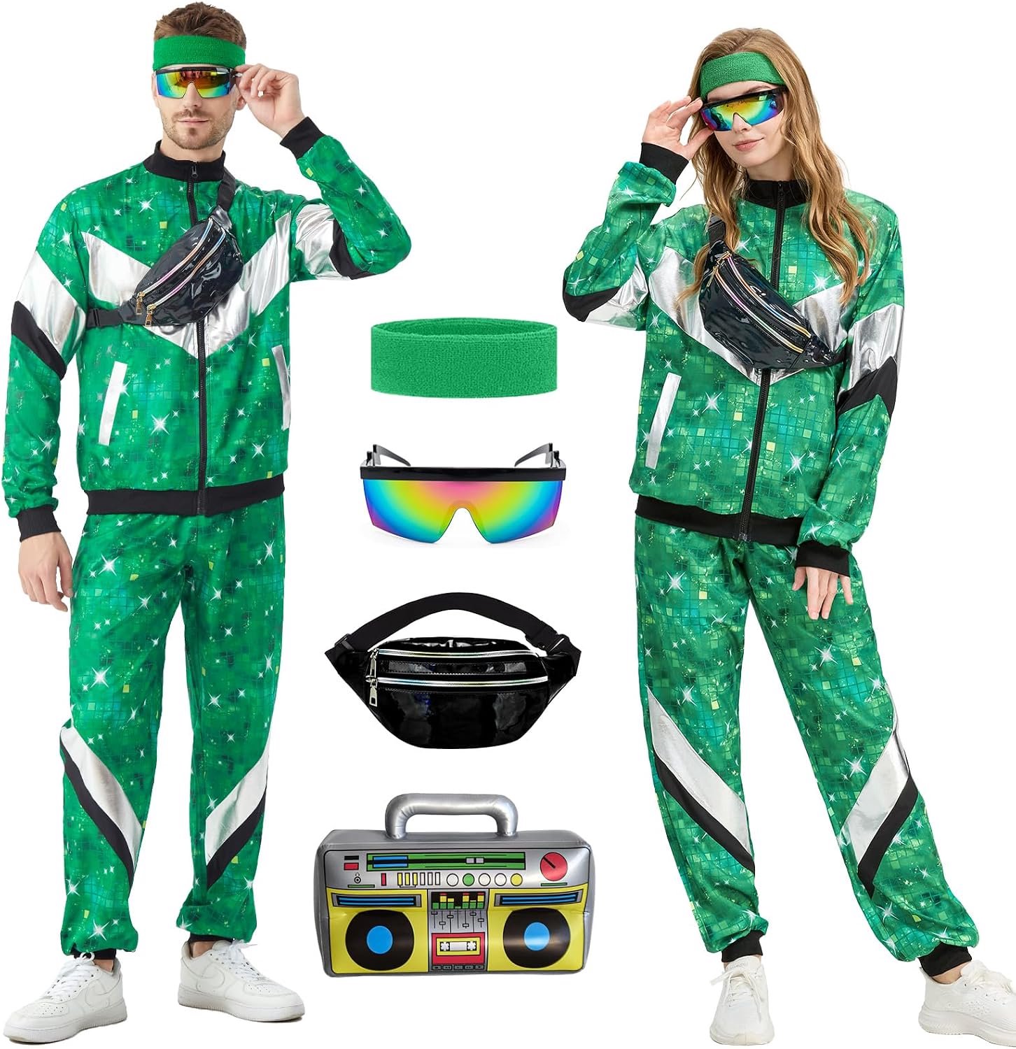 '80 en 90 outfit voor heren en dames, kostuum jaren 80 trainingspak, disco jas en broek, retro pak joggingpak, uniseks, met riemtas, bril voor badkamer, taste, party, carnaval