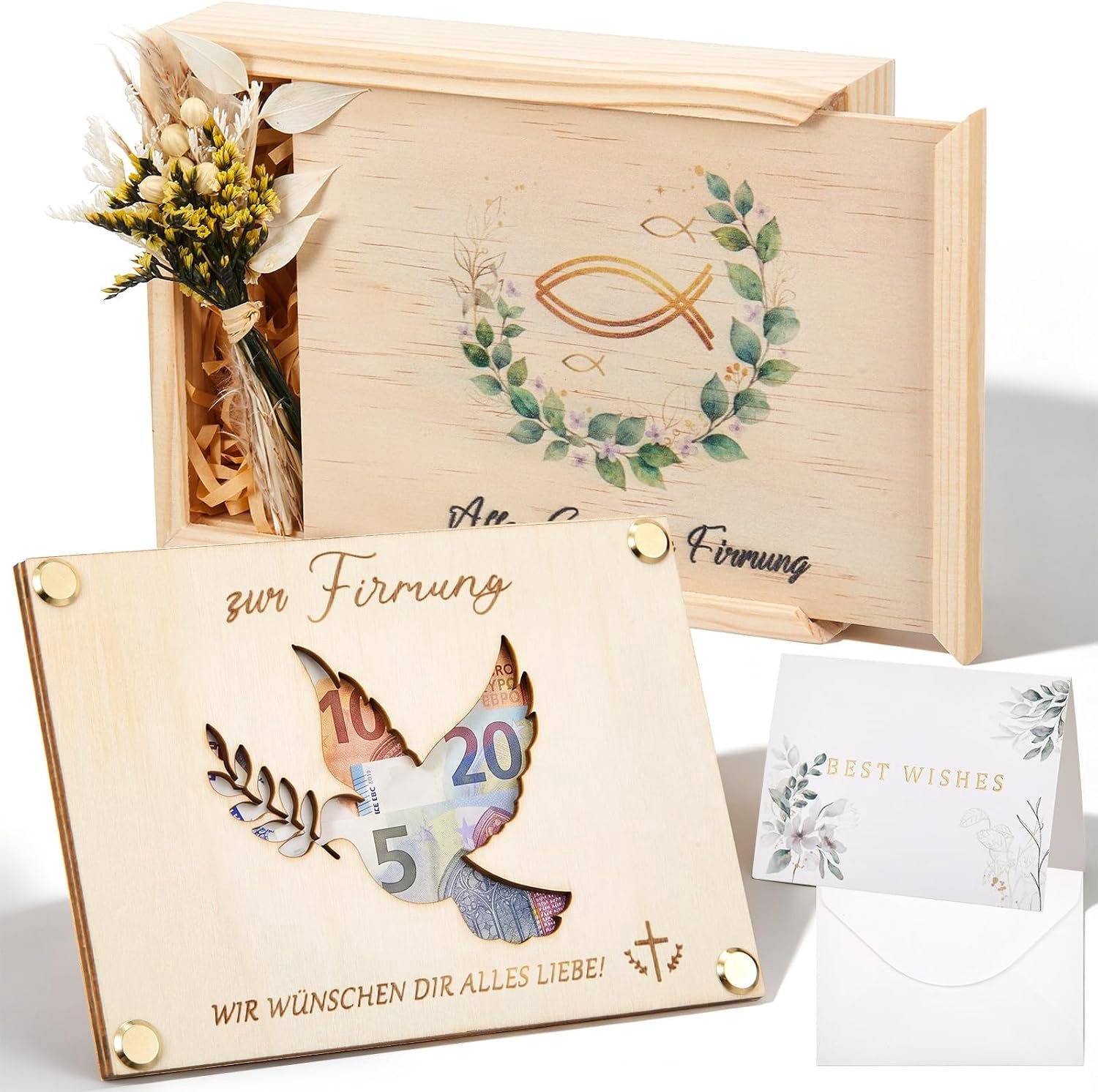Set Van 4 Geldgeschenken Bevestiging, Inclusief Een Houten Geldgeschenkdoos, Een Houten Kaart Met Opengewerkt Patroon, Een Kaart en Gedroogde Bloemen
