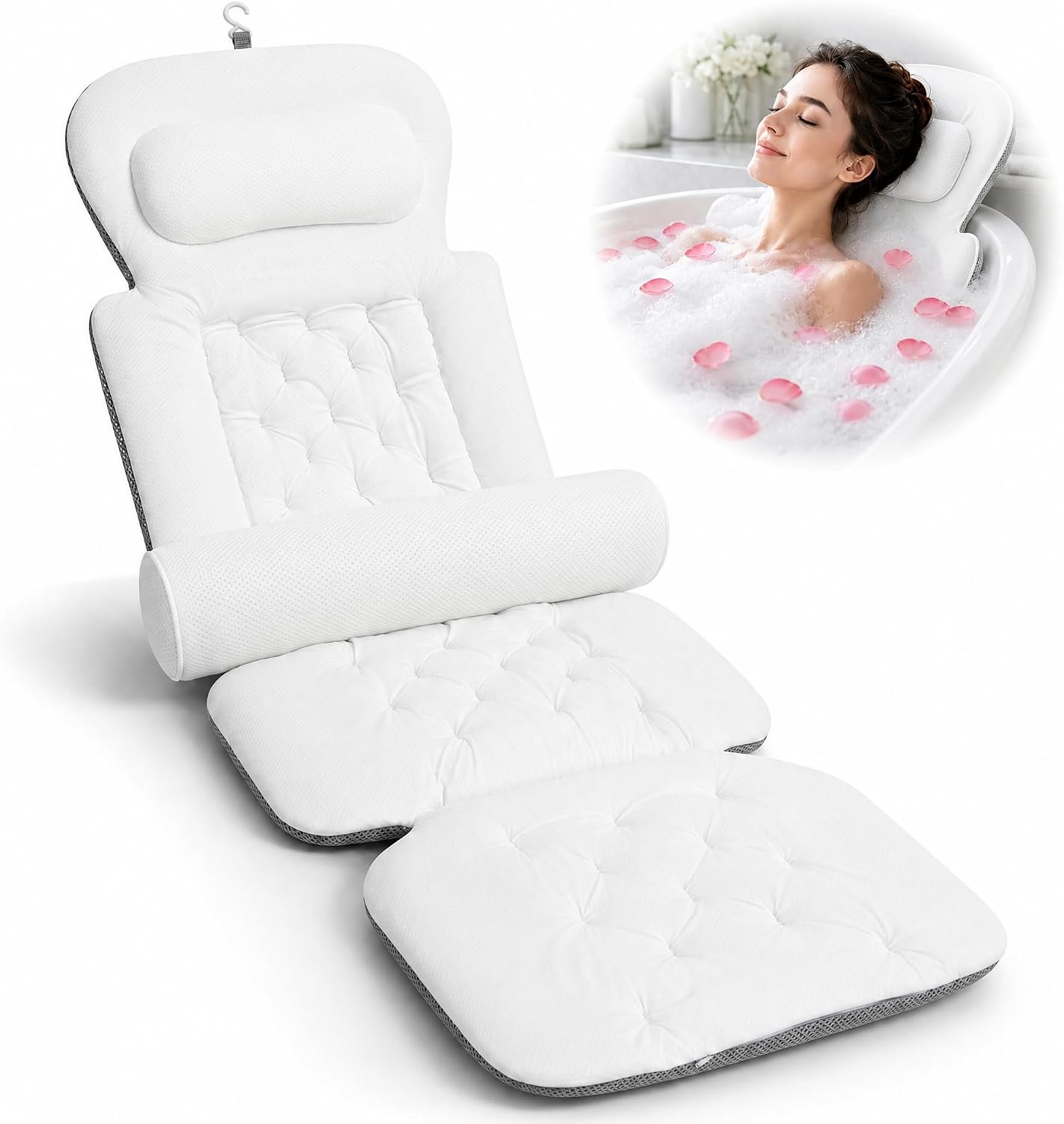 Badkussen Bad Volwassen 130x40x4,5 cm, Badkussen Full Body met 192 Zuignappen, Hoofdsteun en Lendensteun, Badaccessoires, Snel Droog