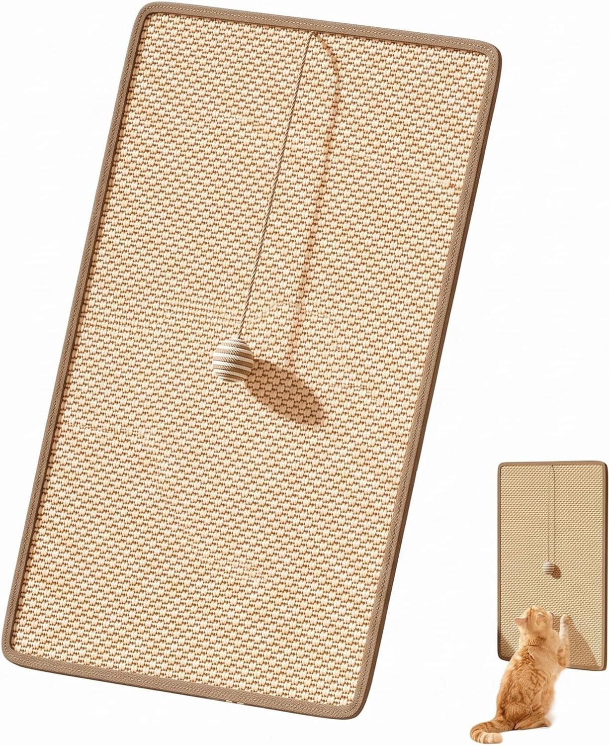 Krabmat voor katten van natuurlijk sisal, 20 x 40 cm, bescherming voor bank en meubels met klittenbandsluiting en hangende bal, krasbestendige mat voor katten en kleine dieren, beige