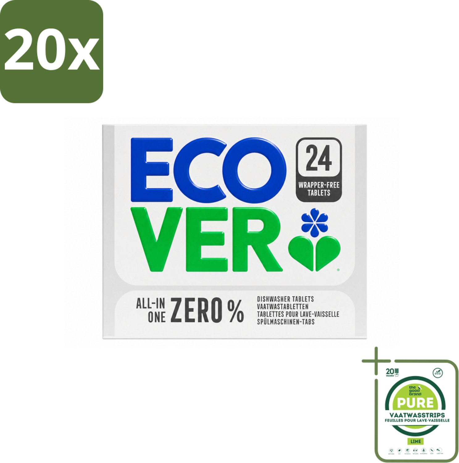 20 x Ecover - Vaatwastabletten All-in-One Zero% - 24 Tabs - Grootverpakking - Vaatwasstrips - Vaatwasmiddel - Vaatwastablet - Zero% Vaatwastablet - Gevoelige Vaatwasmiddel - Milieuvriendelijk Vaatwasmiddel