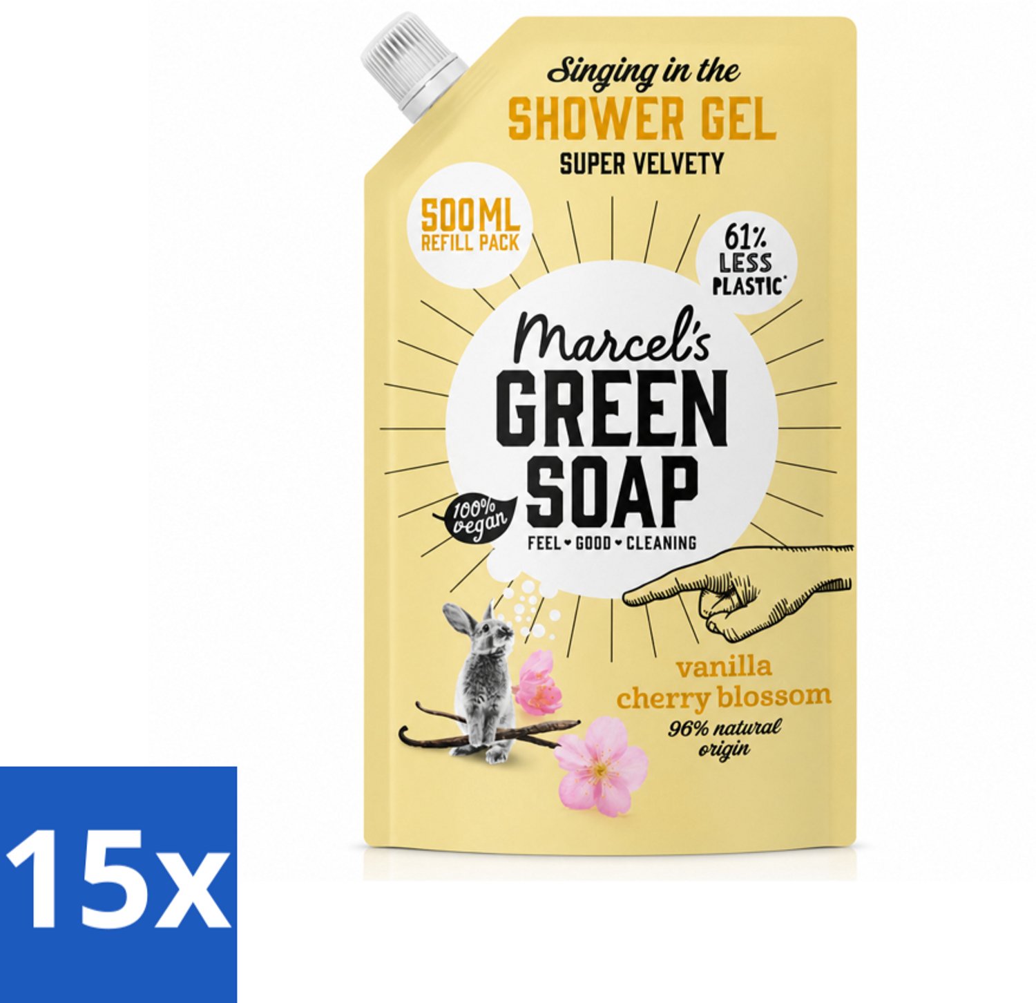 15 x Marcel's Green Soap - Shower Gel - Navulling - Vanille & Kersenbloesem - Krachtige werking - 500 ml - Voordeelverpakking - 15 stuks