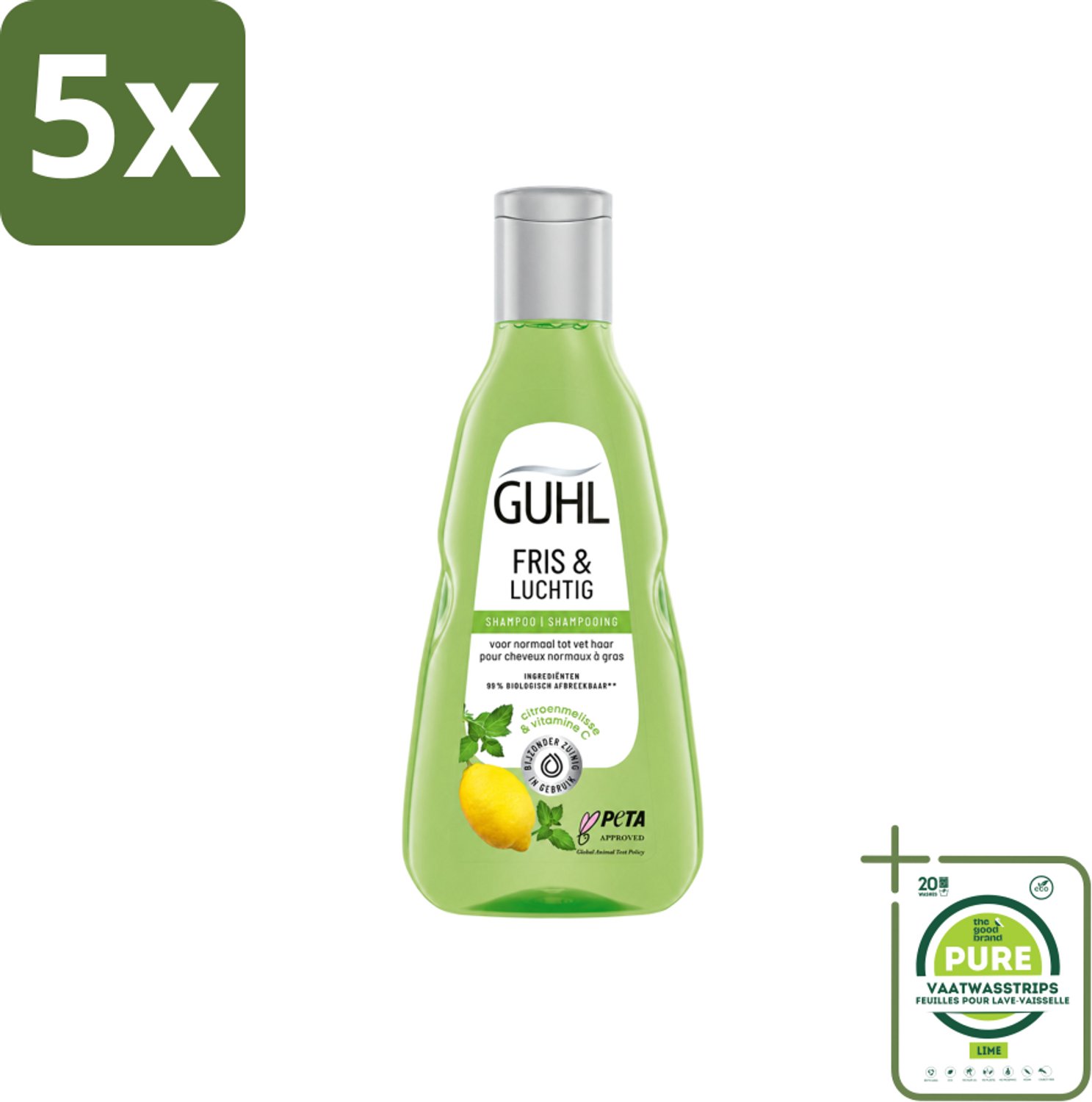 5 x Guhl - Shampoo - Fris & Luchtig - 250 ml - Grootverpakking - Vaatwasstrips - Fris Haar - Luchtig Haar - Vet Haar - Verfrissend Haar - Talgverwijderend Shampoo