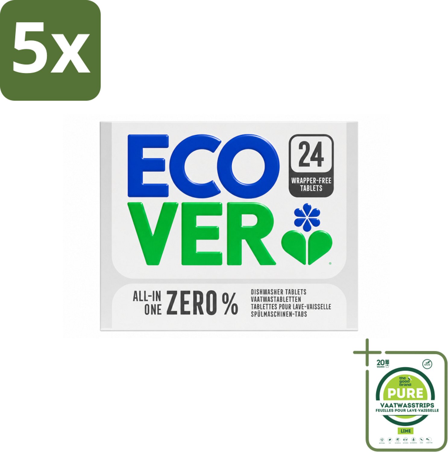 5 x Ecover - Vaatwastabletten All-in-One Zero% - 24 Tabs - Grootverpakking - Vaatwasstrips - Vaatwasmiddel - Vaatwastablet - Zero% Vaatwastablet - Gevoelige Vaatwasmiddel - Milieuvriendelijk Vaatwasmiddel