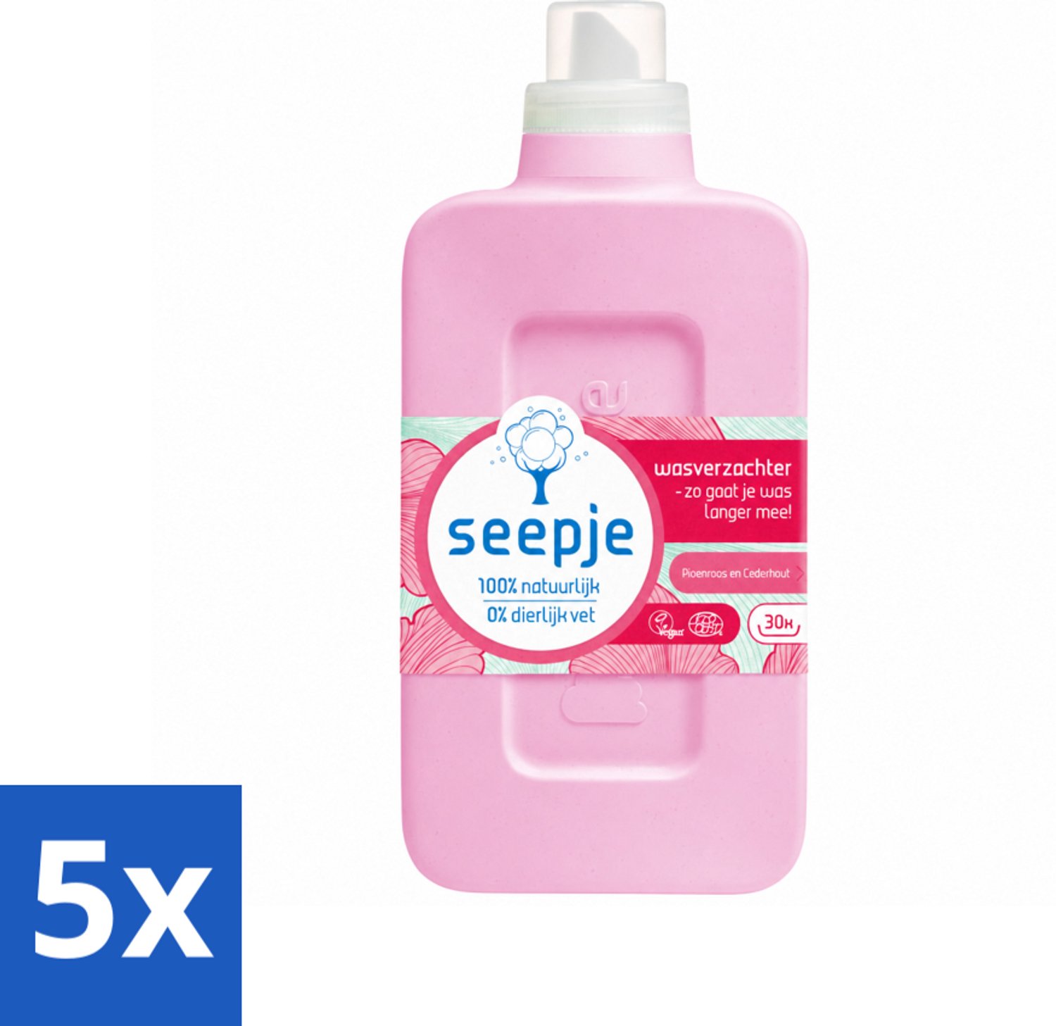 5 x Seepje - Wasverzachter - Geurige Verzorging - Pioenroos en Cederhout - 30 Wasbeurten - 750 ml - Voordeelverpakking - 5 stuks