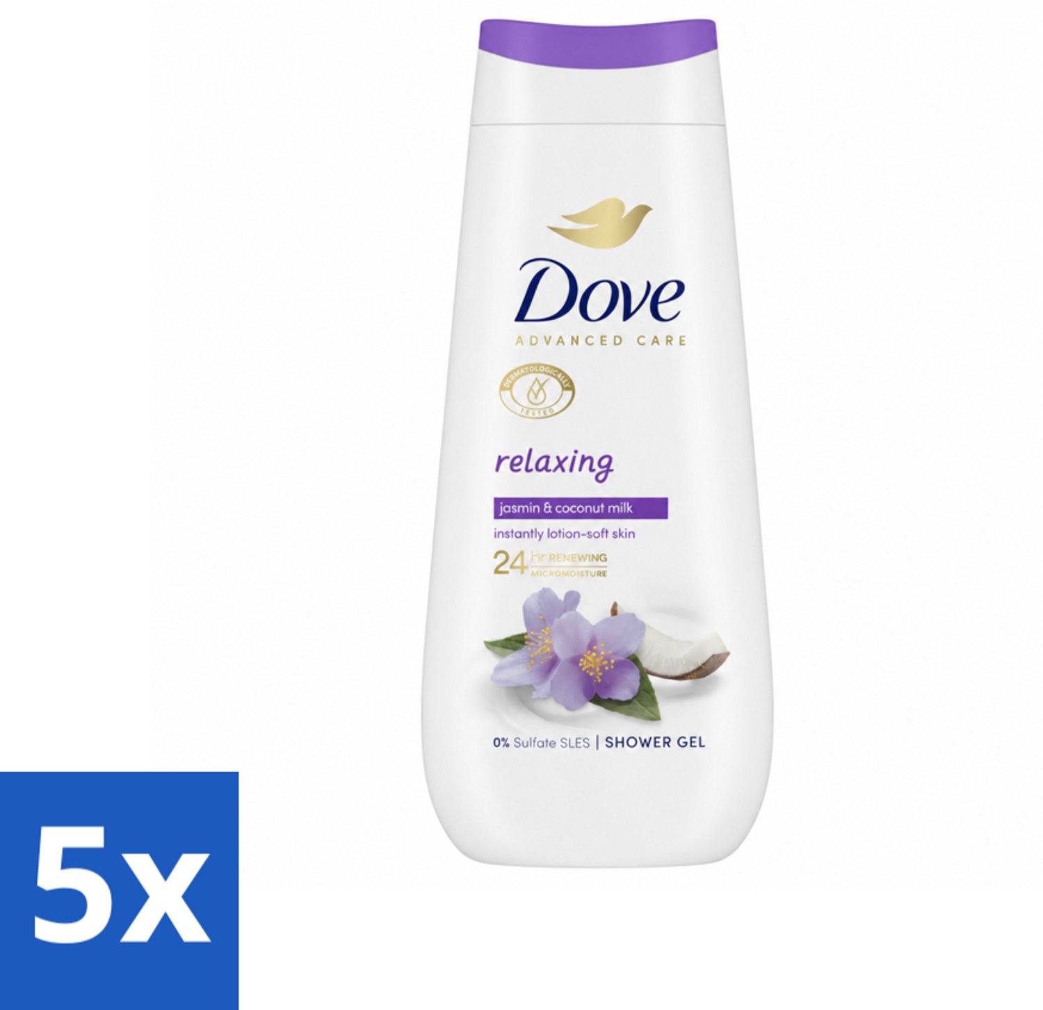 5 x Dove Douchecrème - Relaxing - Kokos & Jasmijn - 225 ml - Voordeelverpakking - 5 stuks
