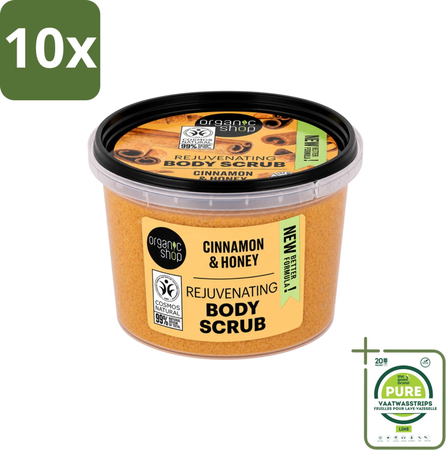 10 x Organic Shop - Rejuvenating Body Scrub Cinnamon - Exfoliërend en Hydraterend - 250 ml - Grootverpakking - Vaatwasstrips - Exfoliatie - Huidvernieuwing - Kaneel - Honing - Natuurlijke Huidverzorging