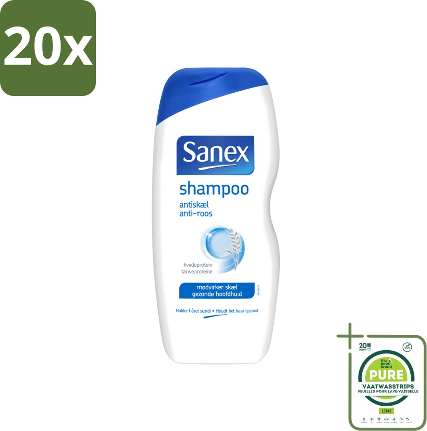 20 x Sanex - Shampoo - Anti-Roos - Tegen Schilfers - 250 ml - Grootverpakking - Vaatwasstrips - Anti-roos Shampoo - Schilfers Shampoo - Kalmerende Shampoo - Huidverzorging - Hoofdhuid Balans