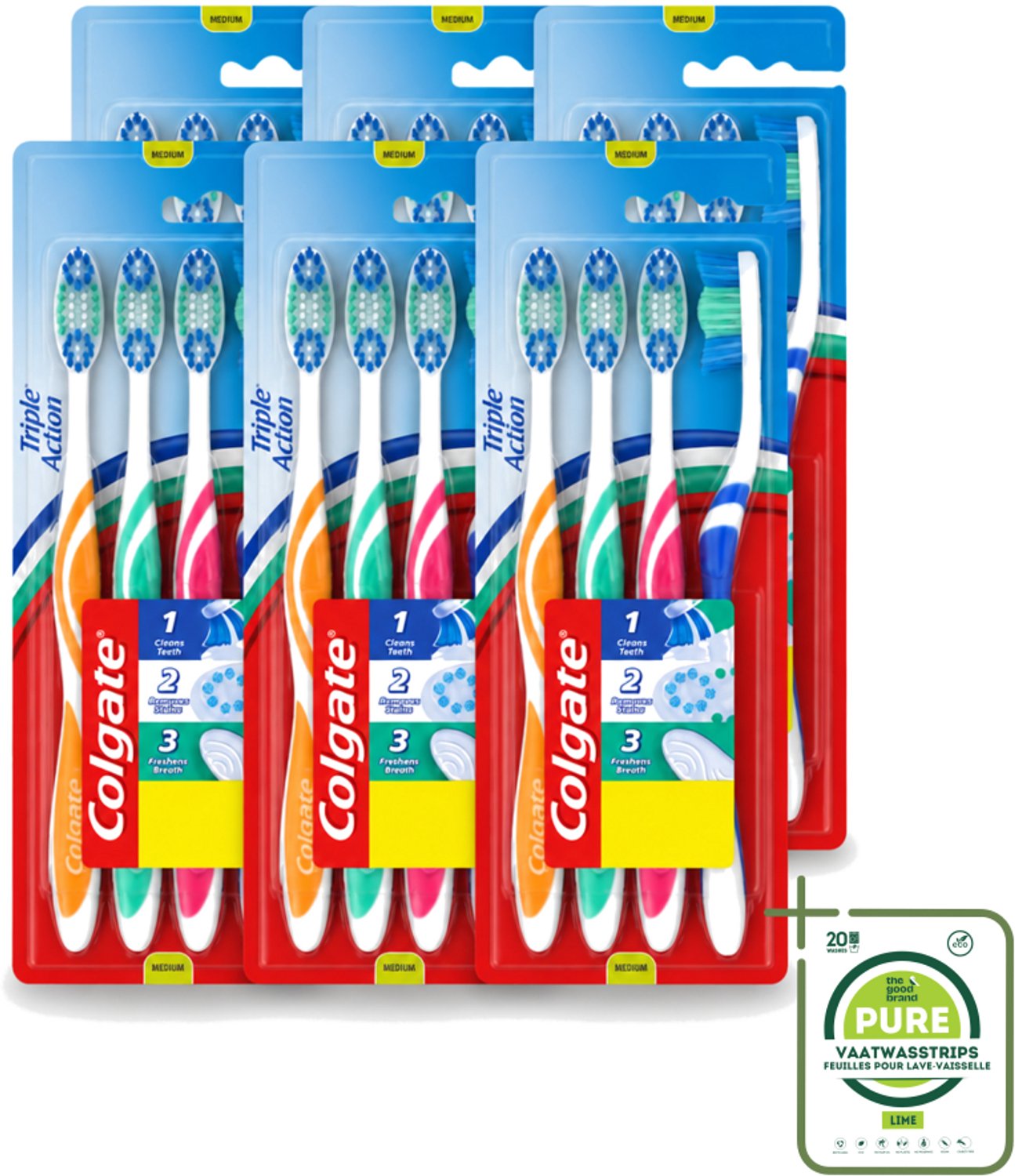 6 x Colgate - Tandenborstels - Triple Action - Medium - 4 borstels - Grootverpakking - Vaatwasstrips - Tandenborstel - Mondhygiëne - Ademverfrissend - Tanden Reinigen - Vlekken Verwijderen