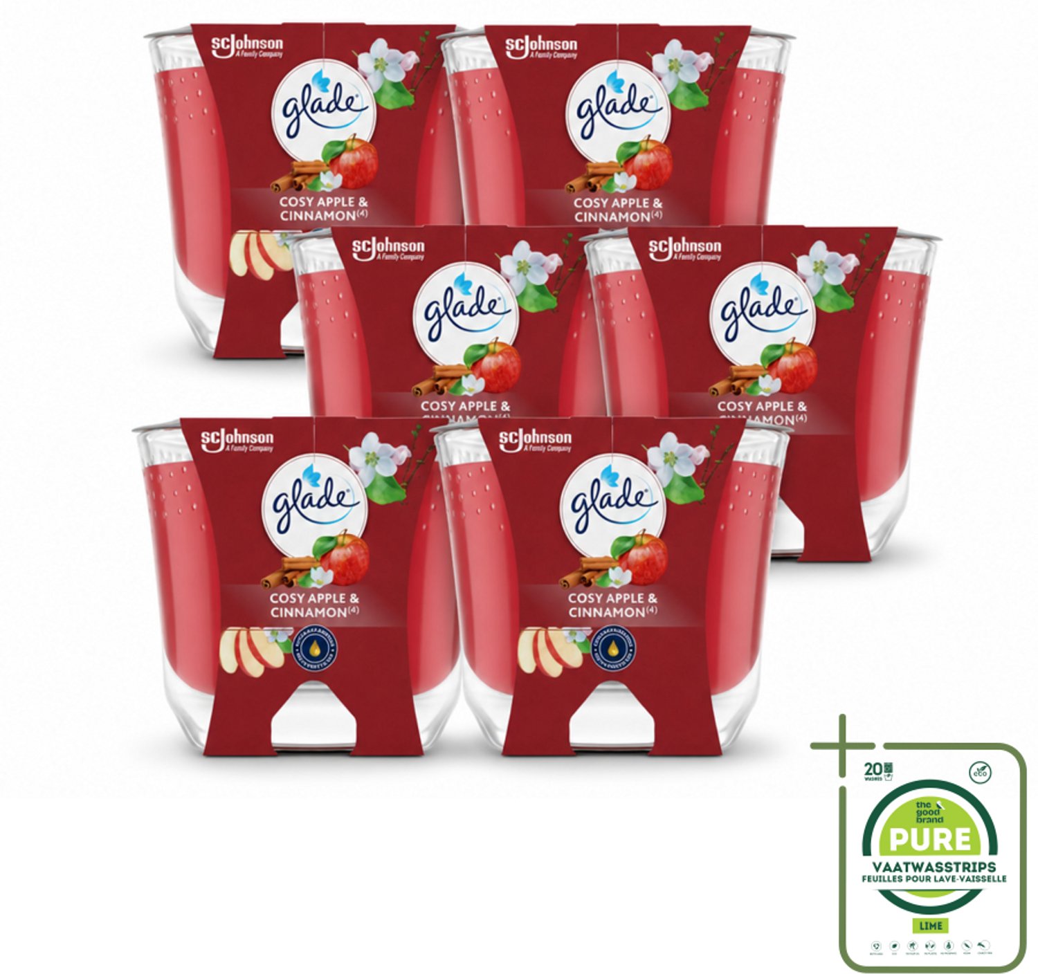 6 x Glade - Geurkaars Appel Kaneel - 100% Raapzaadwas - 204 g - Grootverpakking - Vaatwasstrips - Geurkaars - Warme Geur - Gezelligheid - Vegan - Natuurlijke Geur