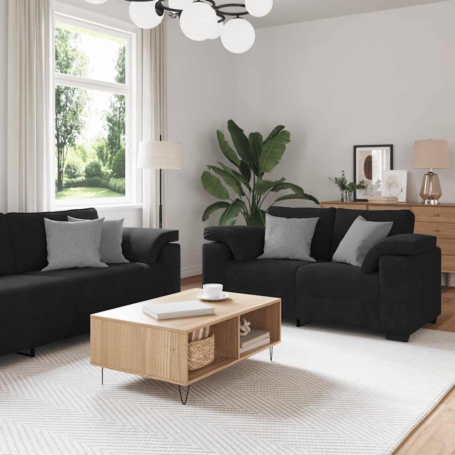 2-delige fluwelen sofa zwarte bankset met kussens, comfortabel zitmeubel voor woonkamer en kantoor, inclusief bekleding en armleuningen