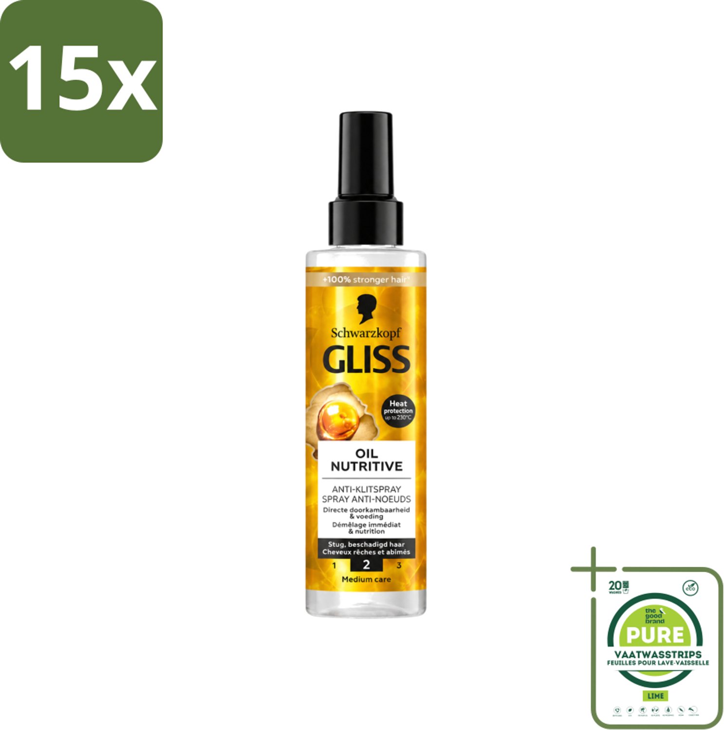 15 x Gliss - Hair Repair - Anti-Klitspray - Oil Nutritive - Makkelijk Doorkambaar Haar - 200 ml - Grootverpakking - Vaatwasstrips - Anti-klit - Klitspray - Voeding Haar - Droog Haar - Gespleten Punten