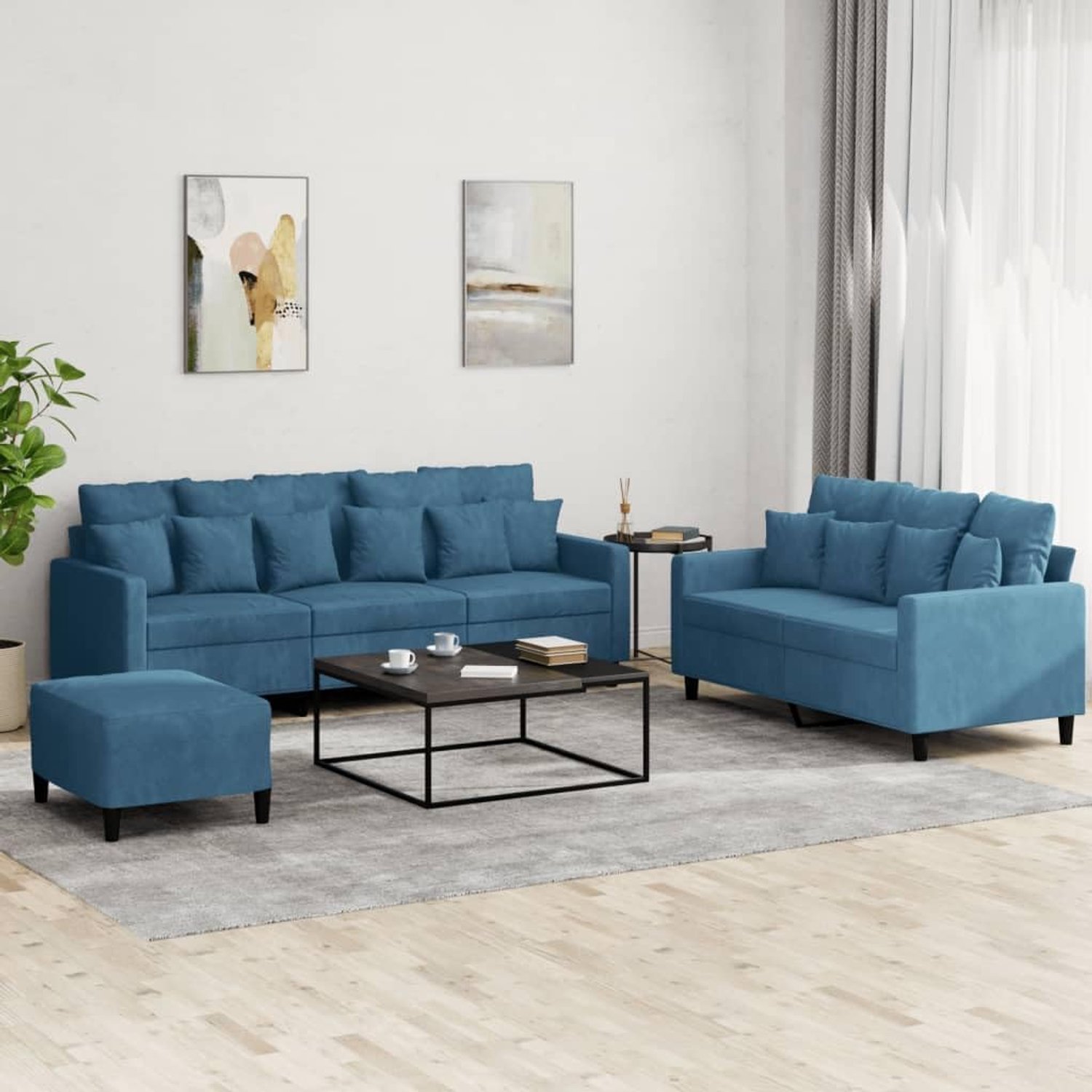 3-delige bankset met kussen blauw fluweel, zachte velours bekleding en robuust metalen frame voor woonkamer