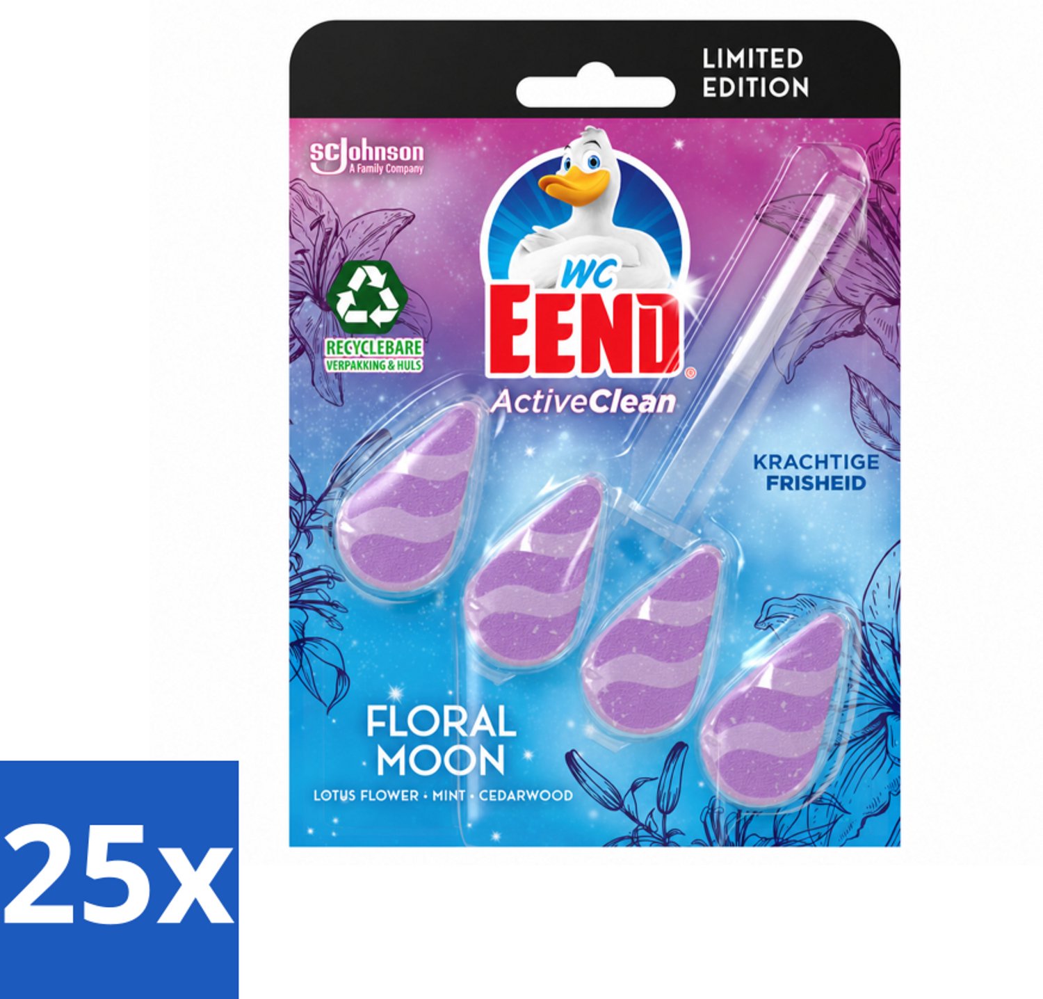 25 x WC Eend - Active Clean Floral Moon - Toiletblok - Lotus, Munt & Cederhout Geur - 38 gr - Voordeelverpakking - 25 stuks