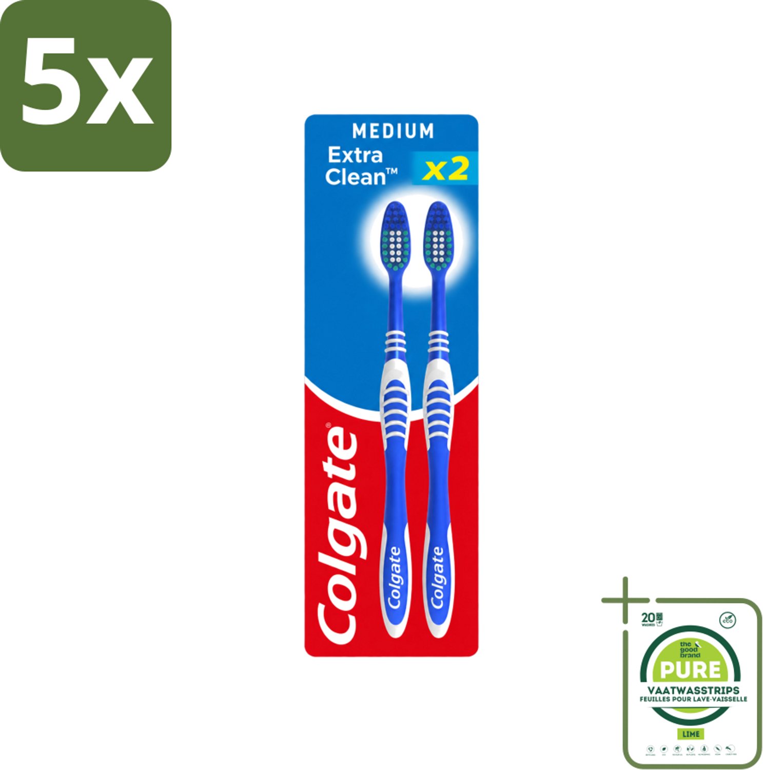 5 x Colgate - Tandenborstels - Extra Clean Duo - Medium - 2 borstels - Grootverpakking - Vaatwasstrips - Tandenborstel - Mondhygiëne - Frisse Adem - Reiniging - Tongreiniger