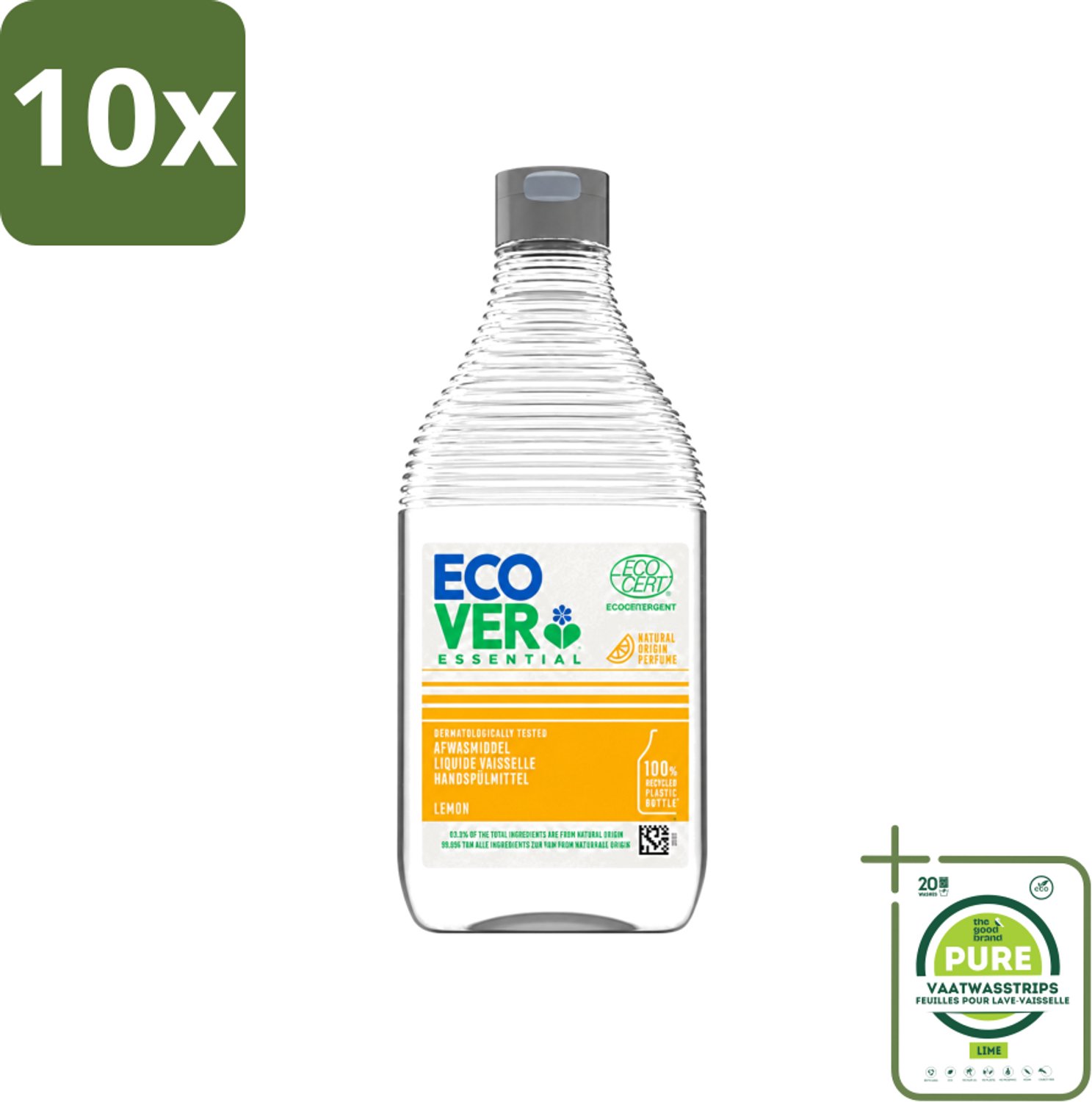 10 x Ecover - Afwasmiddel Essential - Citroen - 450 ml - Grootverpakking - Vaatwasstrips - Afwasmiddel Citroen - Plantaardig Afwasmiddel - Ecologisch Afwasmiddel - Duurzaam Afwasmiddel - Fris Afwasmiddel