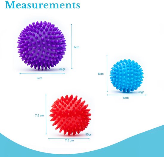 Intirilife massagebal set van 3 fascieballen in paars - rood - blauw puistbal - 9 / 7,5 / 6 cm - egelbal voor zelfmassage massagebal voor rug benen voeten reflexzones stekelige bal — cadeau in Verzorging - foto 4