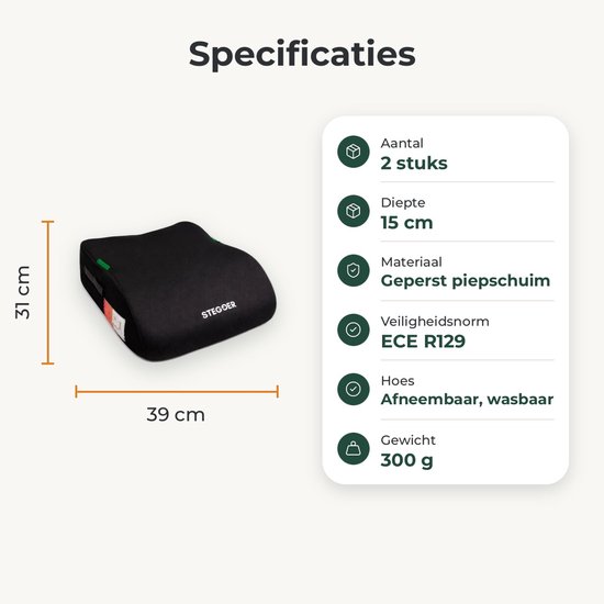 Zitverhoger auto - Kinderzitje auto - Stoelverhoger kind - Zwart - 39x31x15 cm - 2 stuks - STEGGER — afbeelding 2