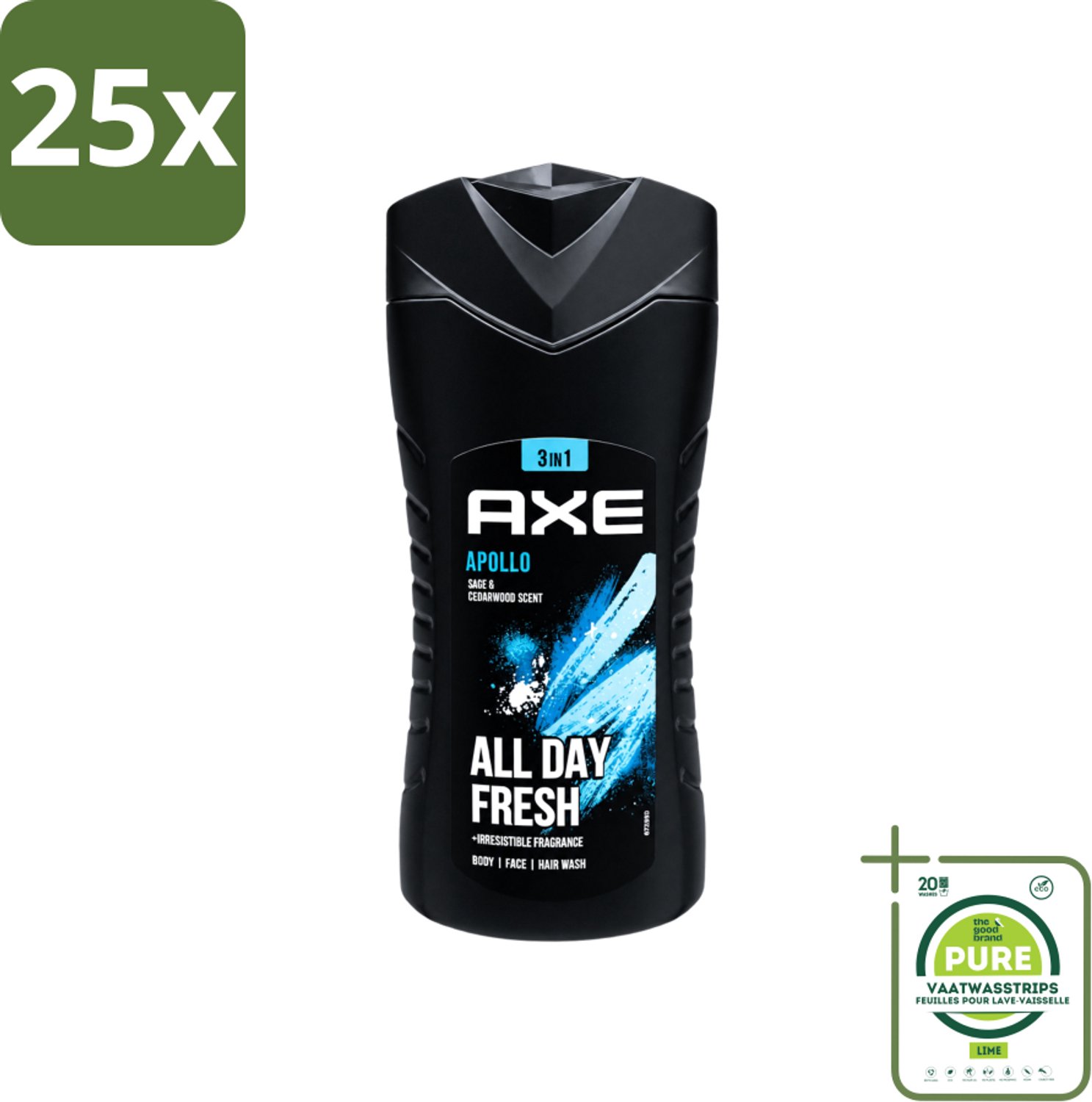 25 x Axe - 3-in-1 Douchegel - Apollo - Sage & Cedarwoord - All Day Fresh - 400 ml - Grootverpakking - Vaatwasstrips - Douchegel - Lichaam - Gezicht - Haar - Salie