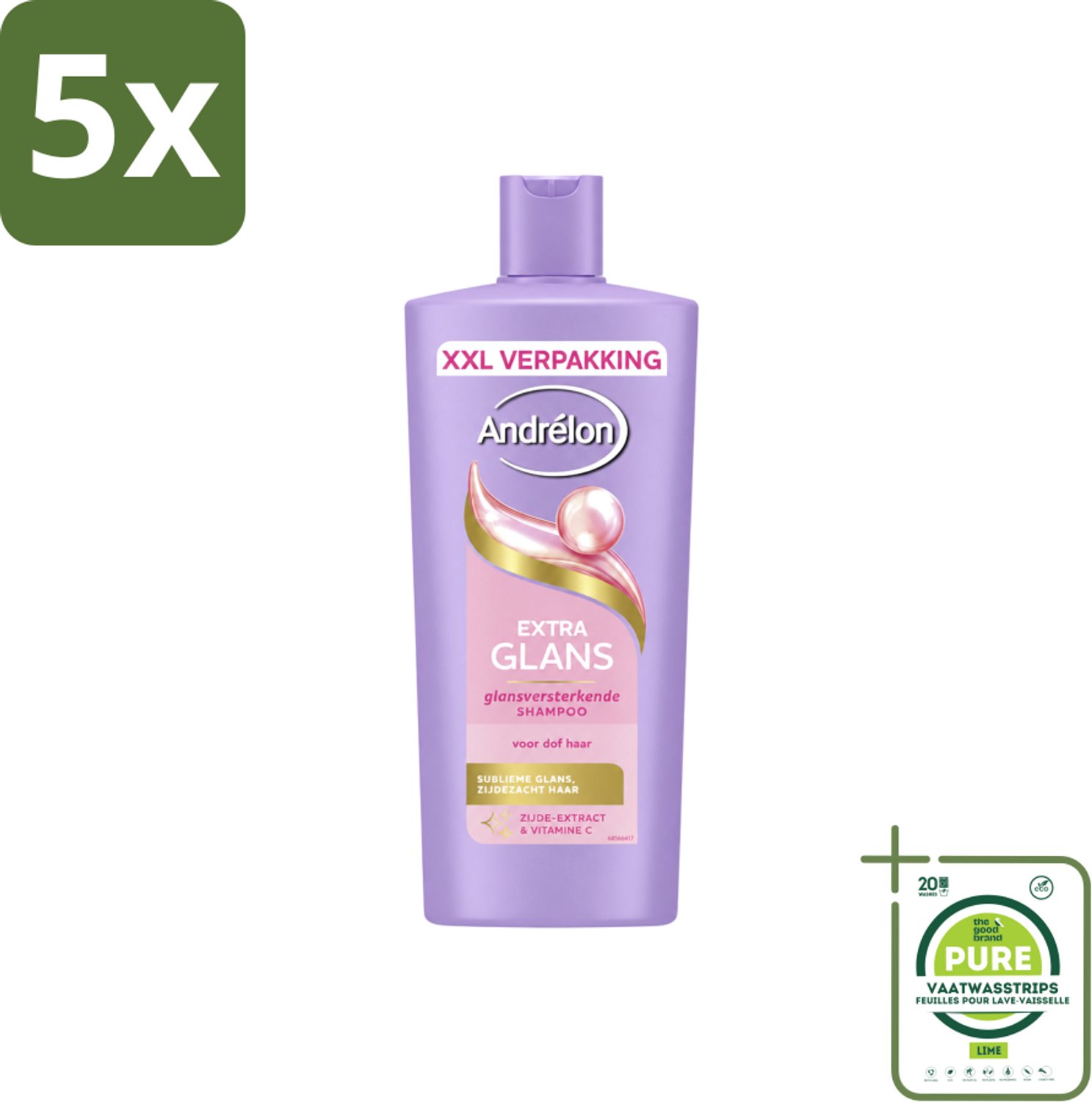 5 x Andrélon – Shampoo – Extra Glans – 685 ml - Grootverpakking - Vaatwasstrips - Glans Haar - Zijde Extract - Vitamine C - Stralende Haar - Gezonde Glans
