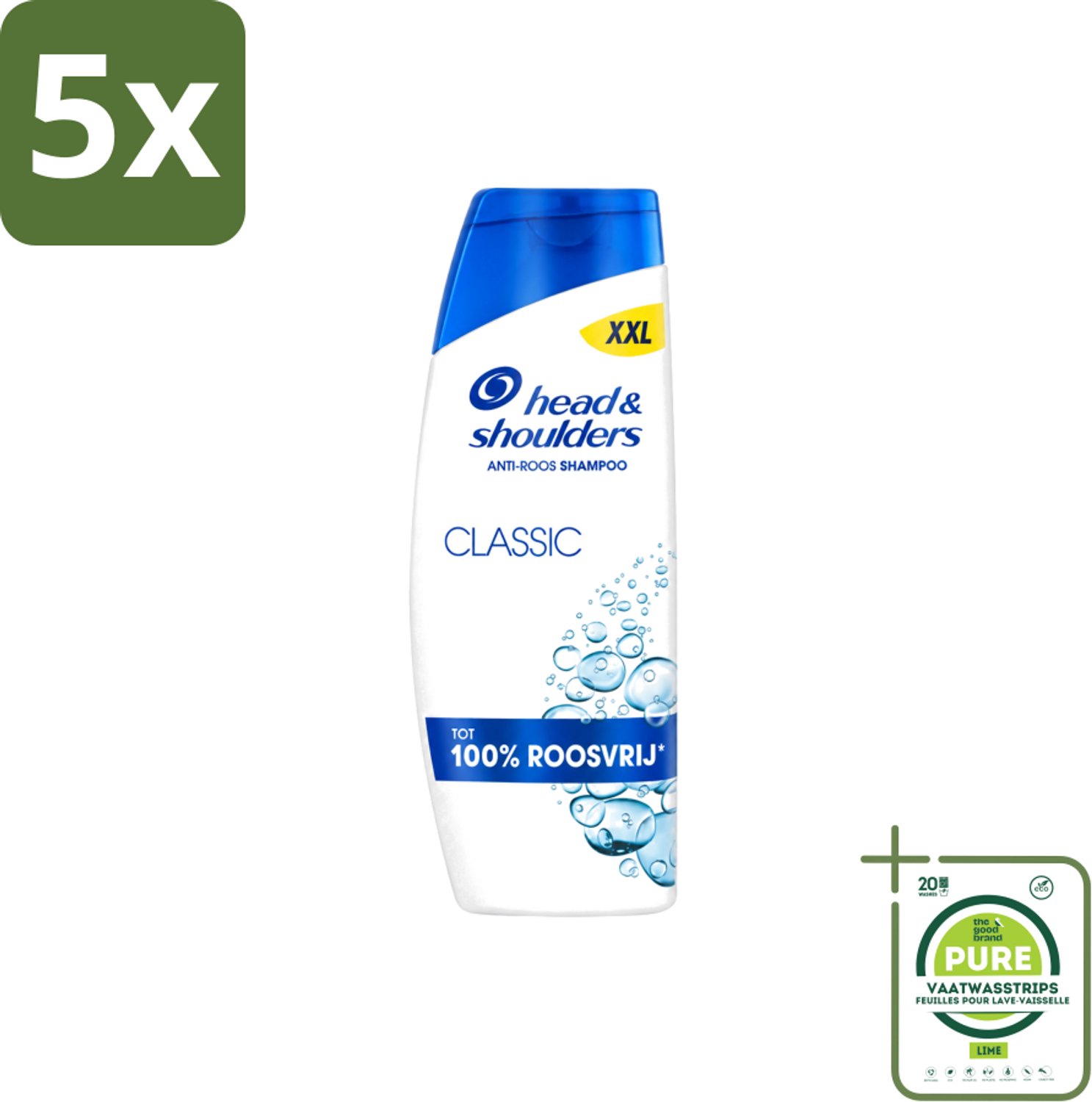 5 x Head & Shoulders – Shampoo – Classic – 625 ml - Grootverpakking - Vaatwasstrips - Anti-roos Shampoo - Roosvrij Haar - Gezonde Hoofdhuid - Fris Haar - Microbioom Balans