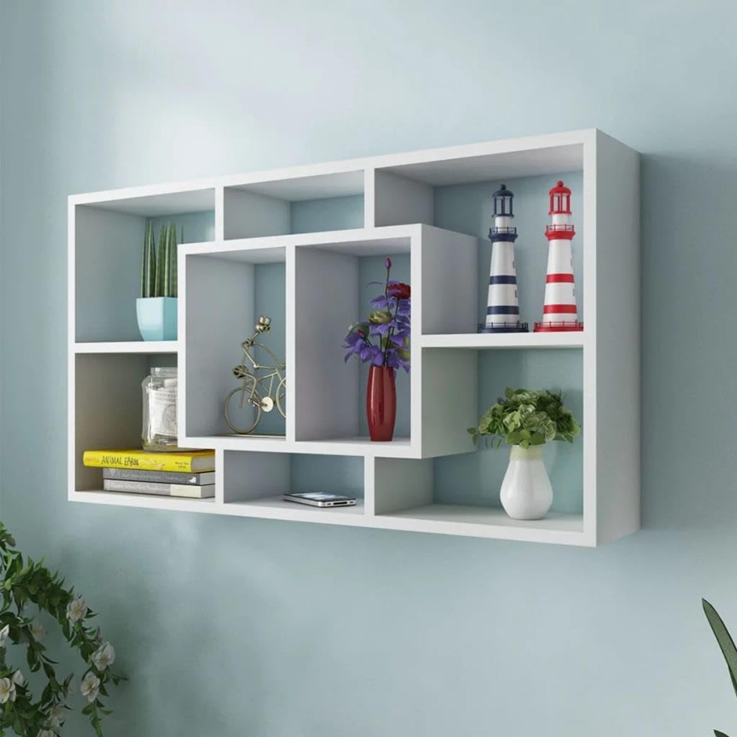 Hangrek met 8 vakken, wit, stijlvol opbergrek voor boeken en decoratie, robuust woonaccessoire met eenvoudige montage en onzichtbaar