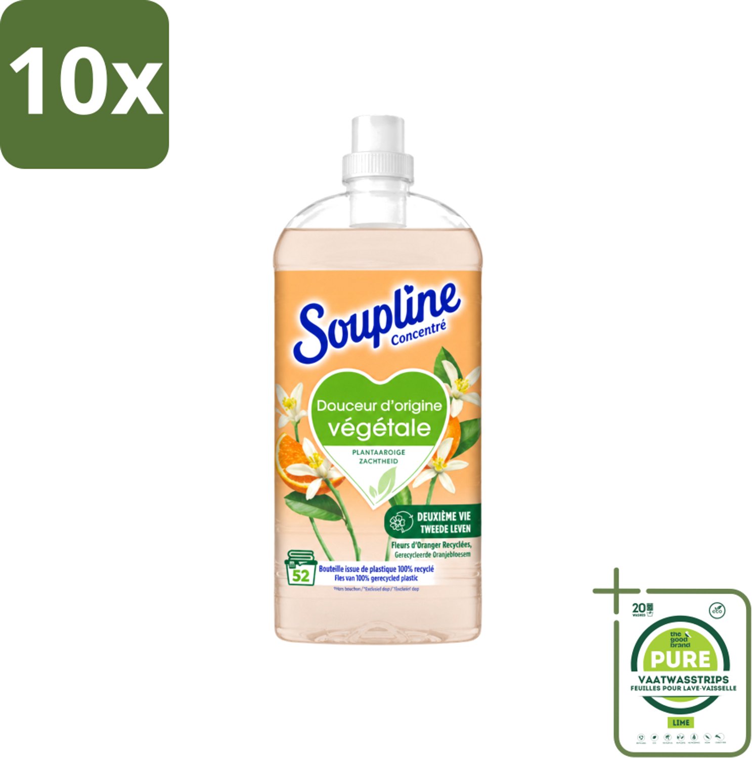 10 x Soupline - Wasverzachter - Oranjebloesem - 52 Wasbeurten - 1.3L - Grootverpakking - Vaatwasstrips - Wasverzachter - Plantaardige Zachtheid - Oranje Bloesem - Zachte Was - Natuurlijke Zachtheid