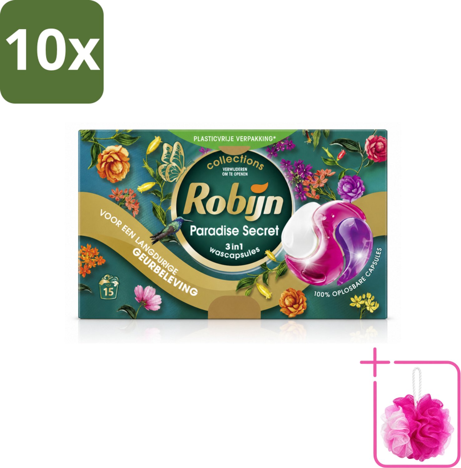 10 x Robijn – 3-in-1 Wascapsules – Paradise Secret - 15 Capsules - Bulkverpakking - Wascapsules - Douchemop - Kleurbescherming