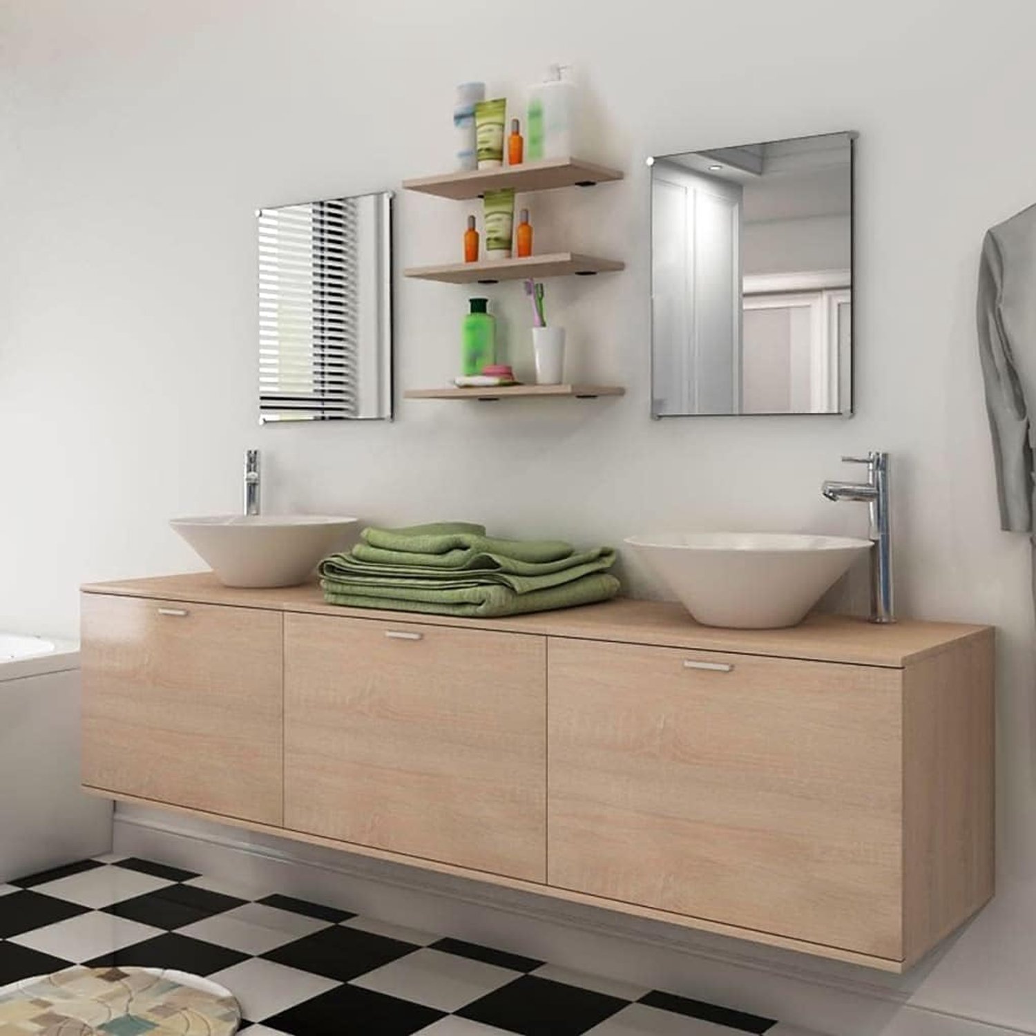 8-delige badkamermeubel en wastafel set beige – complete badkamerset met 1 wastafel-wandkast, 2 spiegels, 3 legplanken en 2 wastafels voor optimale organisatie van de ruimte