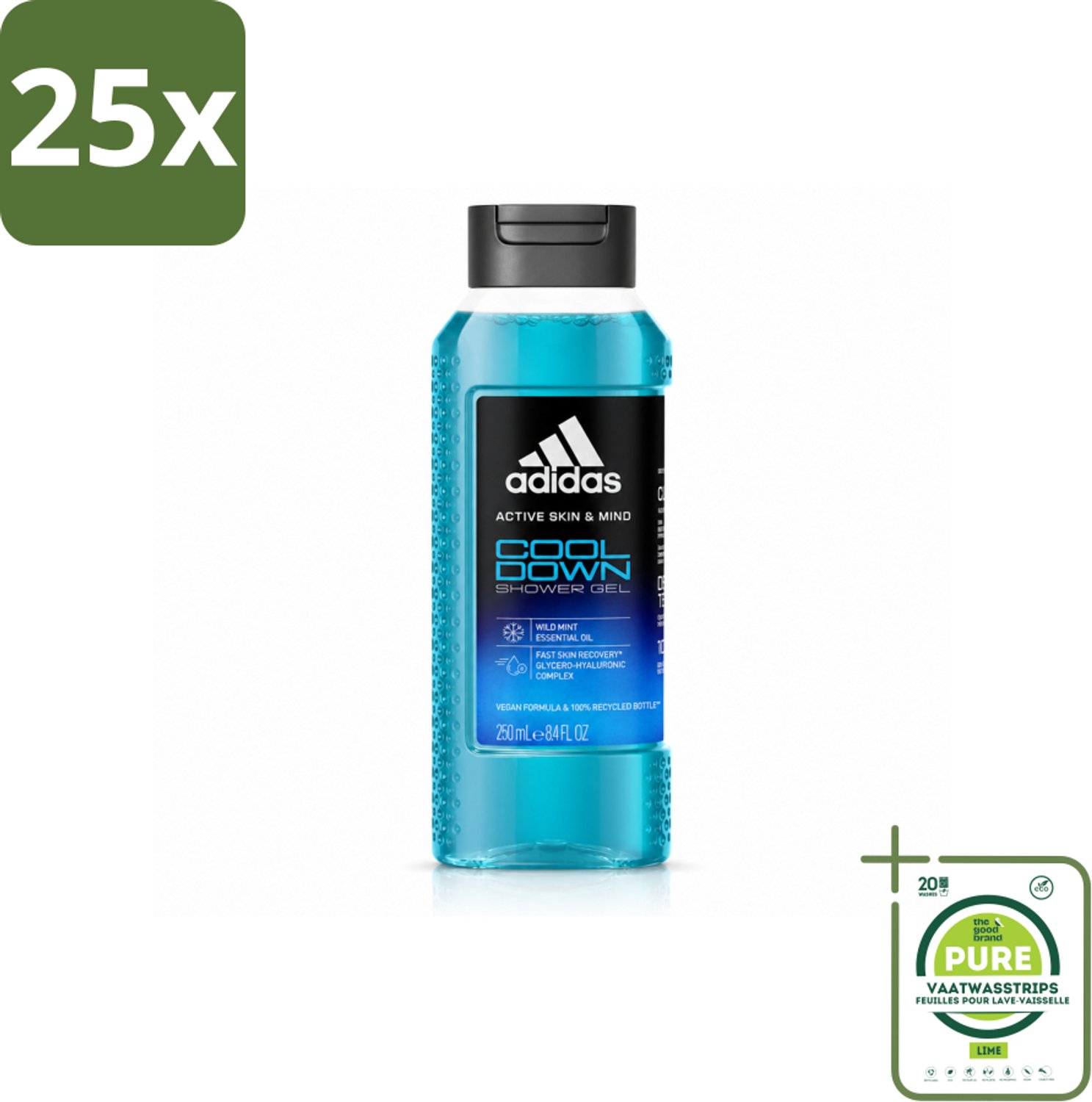 25 x Adidas – Douchegel – Active Skin & Mind Cool Down – 250 ml - Grootverpakking - Vaatwasstrips - Douchegel - Verkoeling - Menthol - Wilde Munt - Hydratatie