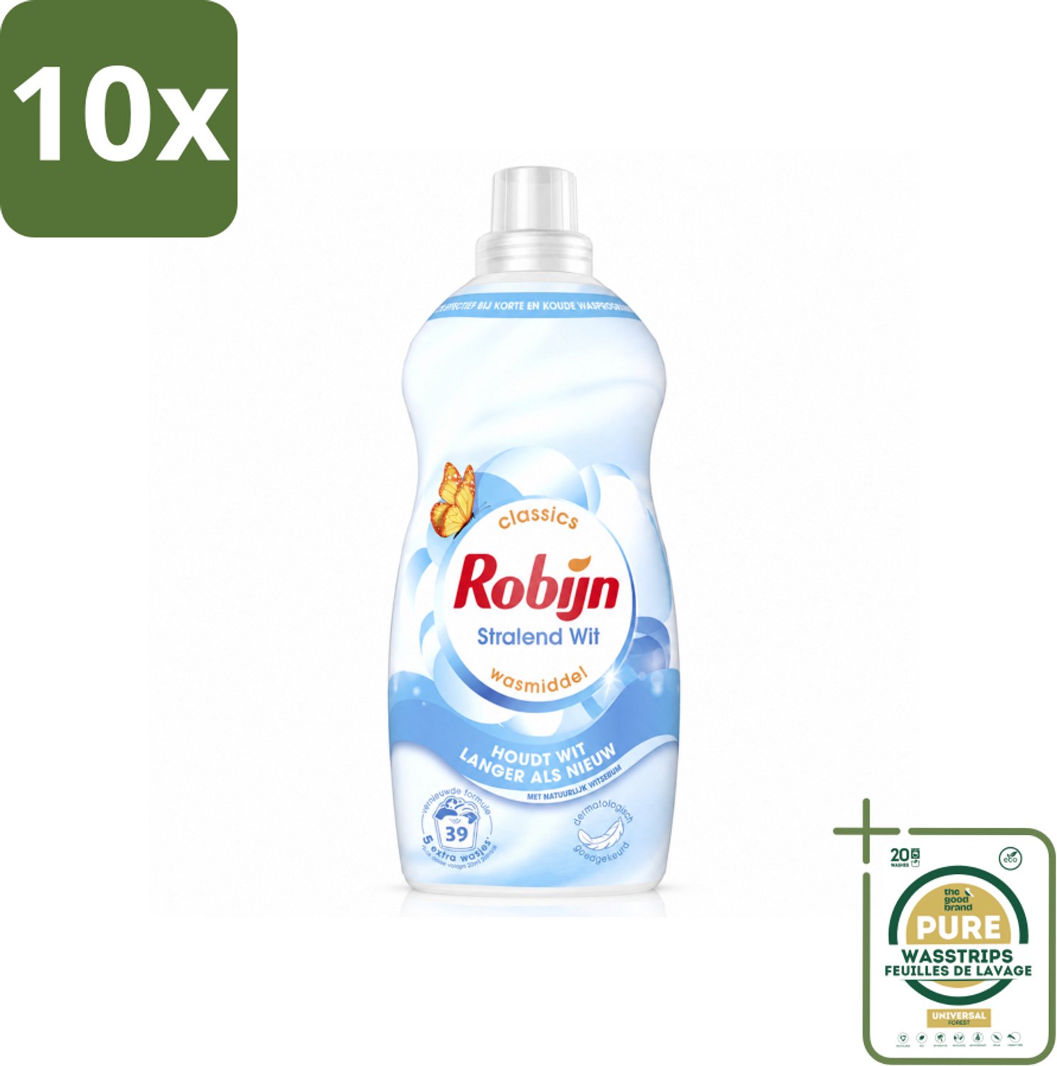 10 x Robijn – Vloeibaar Wasmiddel – Klein & Krachtig Stralend Wit – 1,19 L - Wasstrips - Wit Wasmiddel - Wit En Licht Was - Koud Wasmiddel - Korte Wasbeurten - Wasmiddel Voor Wit