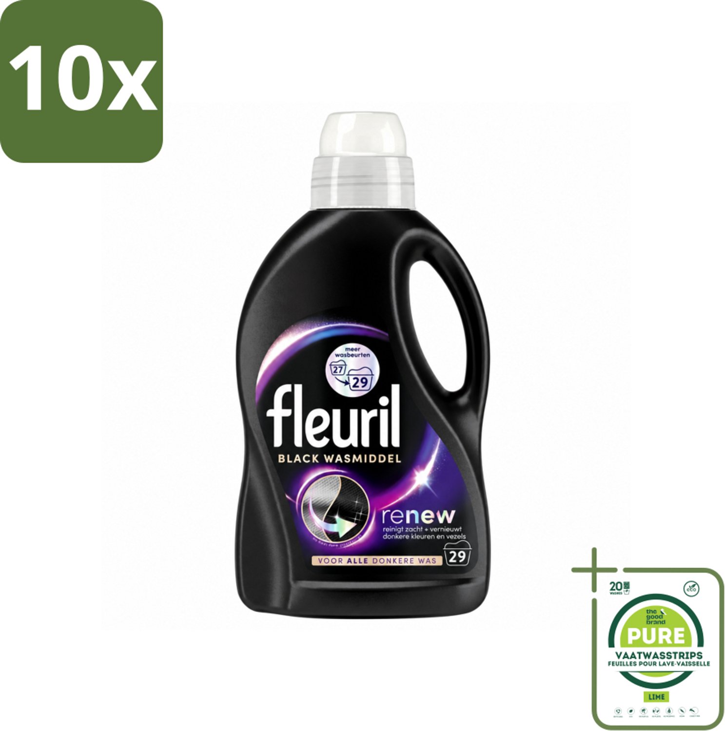 10 x Fleuril – Wasmiddel - Black – 29 wasbeurten – 1,305 L - Grootverpakking - Vaatwasstrips - Wasmiddel Zwart - Kleurbehoud Zwart - Donkere Kleding - Vervaging Voorkomen - Kleding Beschermen