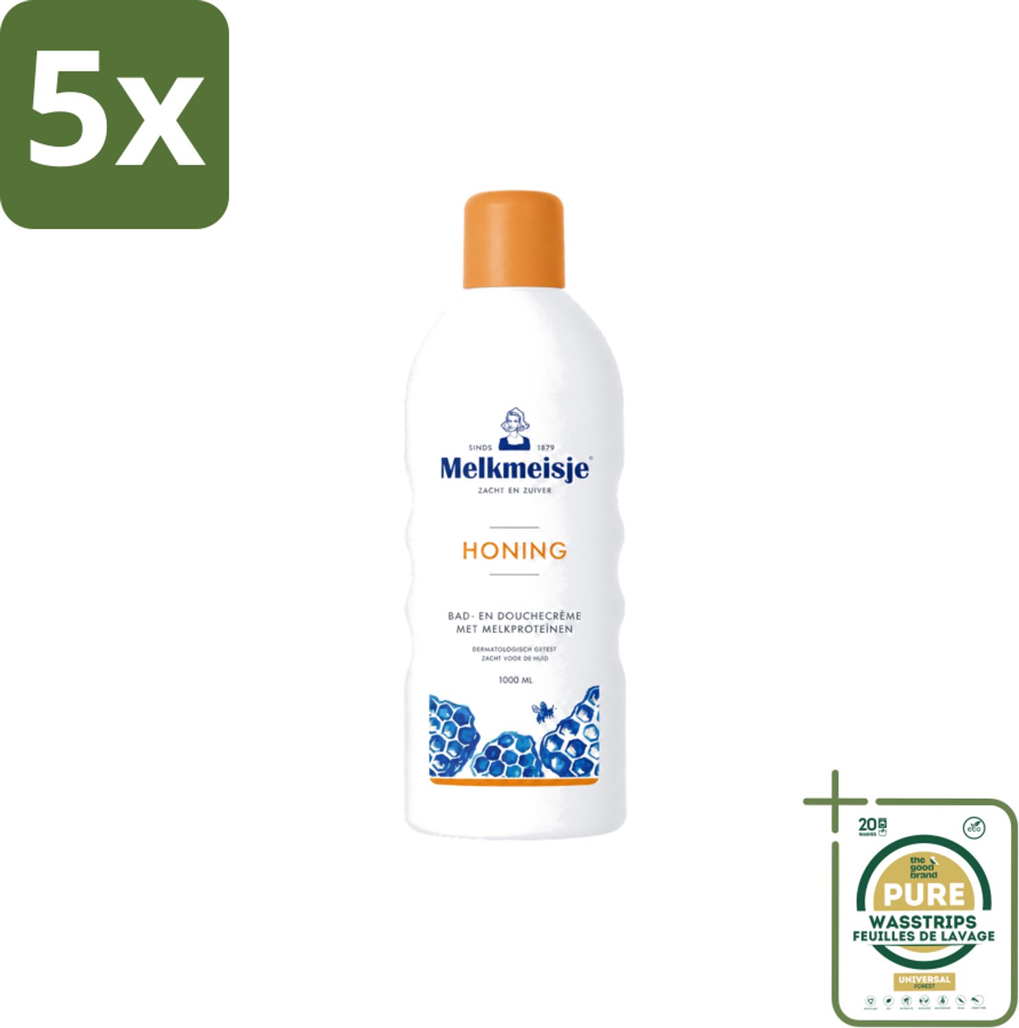 5 x Melkmeisje – Bad & Douche – Honing – 1000 ml - Wasstrips - Bad En Douche Crème - Honing Crème - Voedend Badmiddel - Verzorgend Badmiddel - Honinggeur