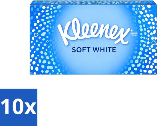 Boîte de mouchoirs Kleenex Soft White à motif de pois blancs sur fond bleu, avec une étiquette indiquant 10 unités.