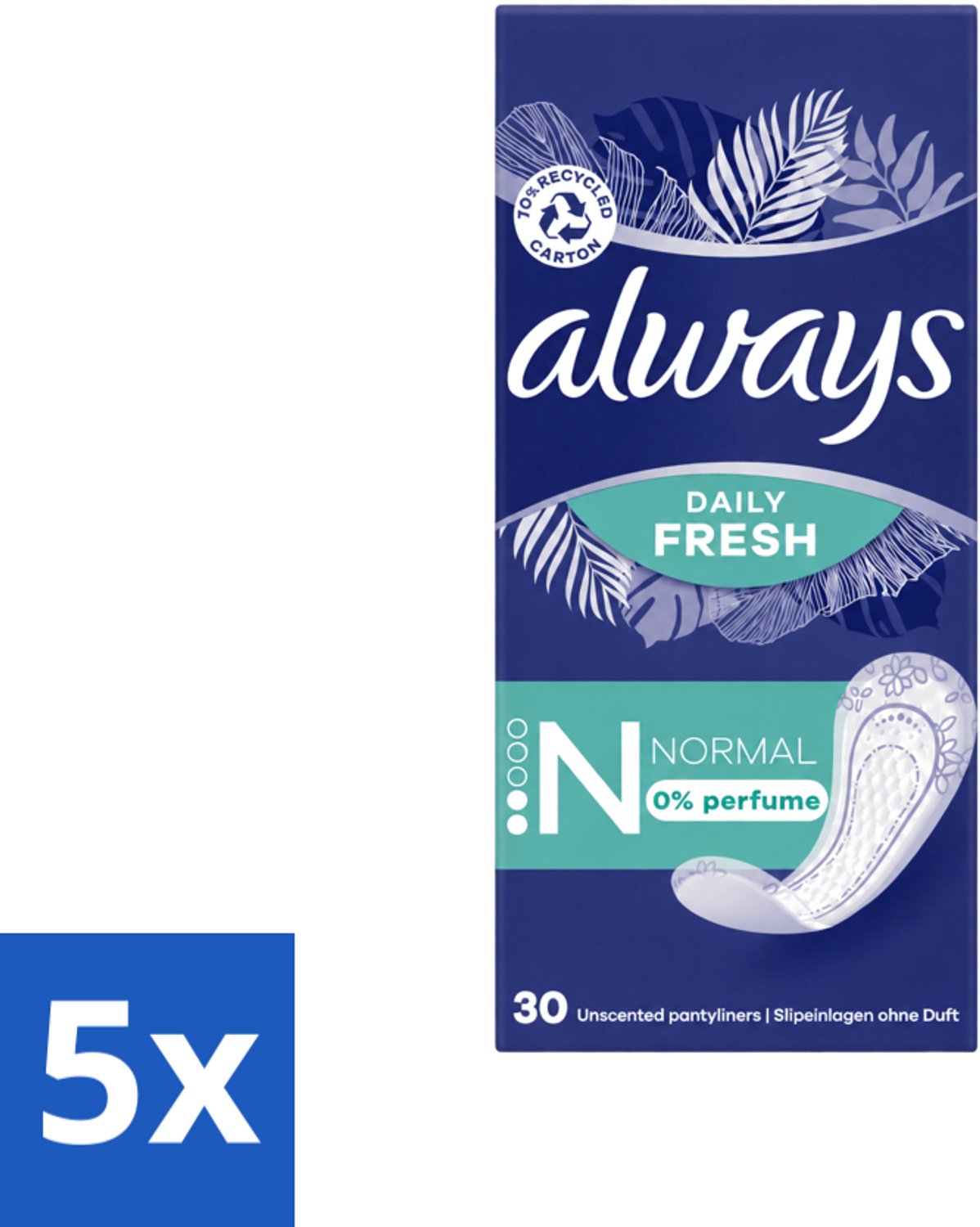 5 x Always Daily Fresh - Inlegkruisjes - Normaal - Ongeparfumeerd - 30 Inlegkruisjes - Voordeelverpakking - 5 stuks