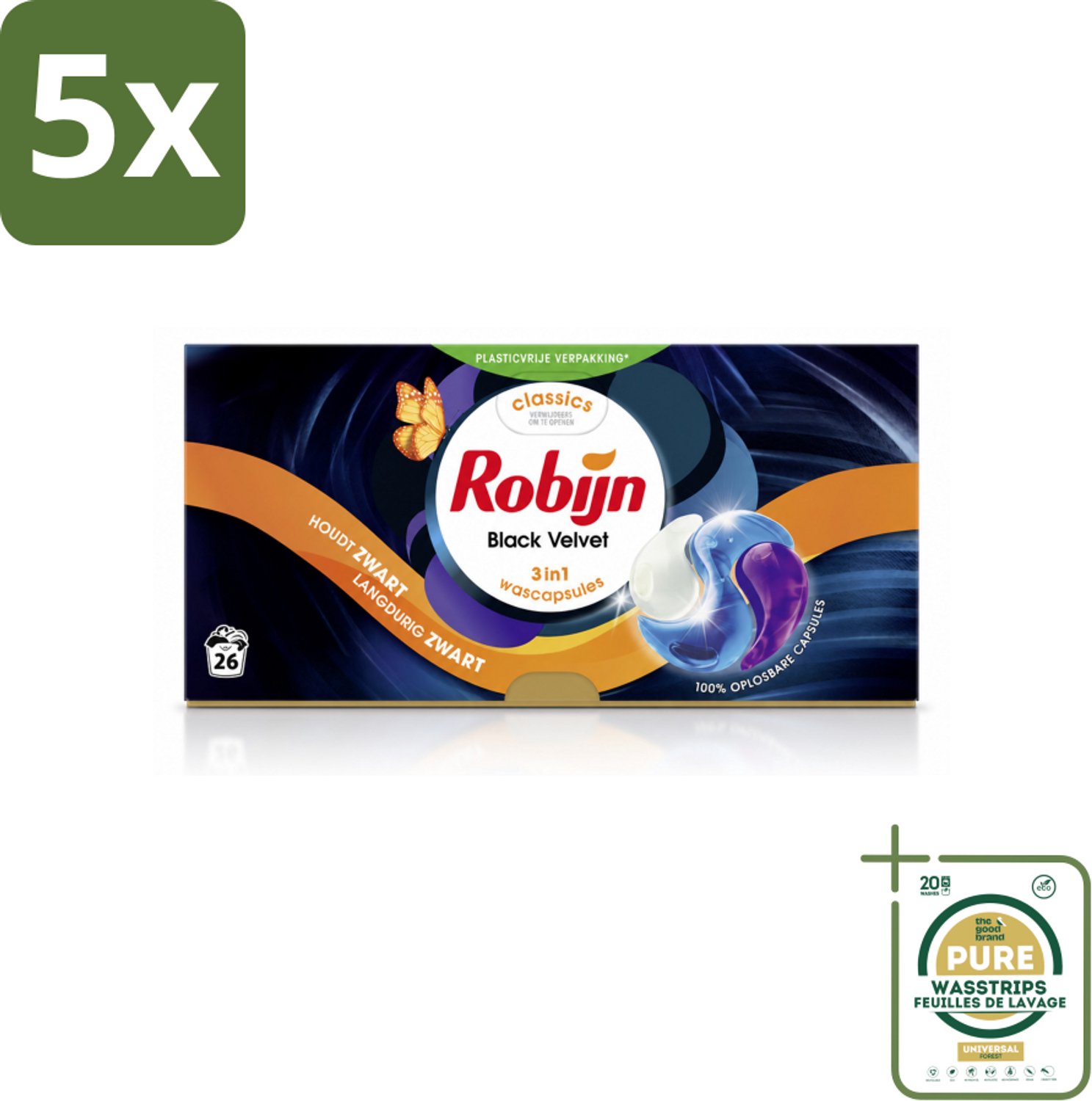 5 x Robijn – 3-in-1 Wascapsules – Black Velvet - 26 Capsules - Wasstrips - Zwarte Was - Donkere Was - Wascapsules - 3-in-1 Wasmiddel - Black Serum