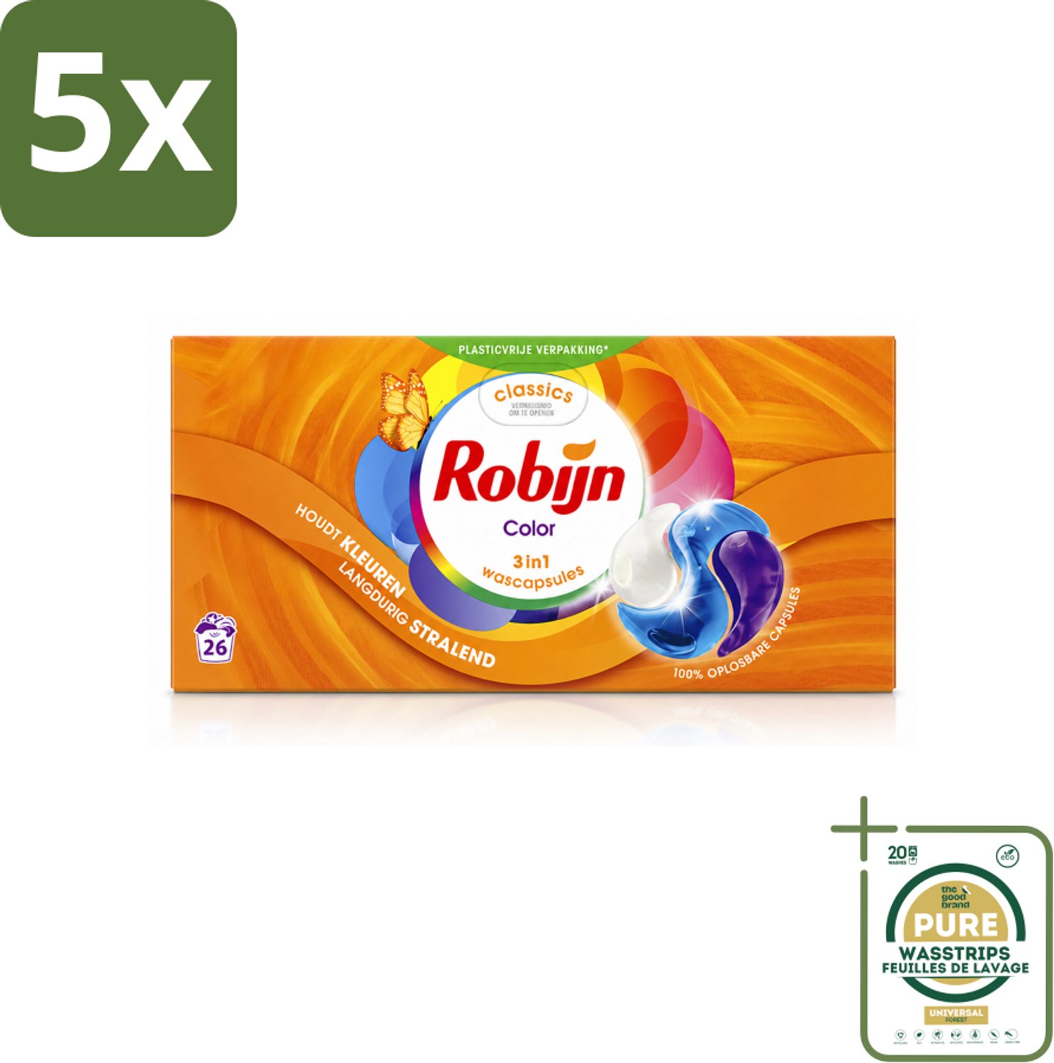 5 x Robijn – 3-in-1 Wascapsules – Color - 26 Capsules - Wasstrips - Kleurverzorging - Wascapsules - Wasmiddel - Kleurbehoud - Frisheid