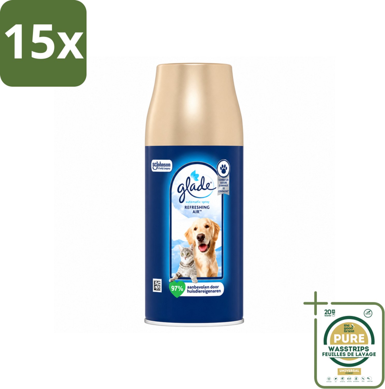 15 x Glade – Automatic Spray Navulling – Refreshing Air Huisdieren – 269 ml - Wasstrips - Huisdieren Geur - Dierengeur Neutraliseren - Luchtverfrisser - Frisse Geur - Automatische Spray