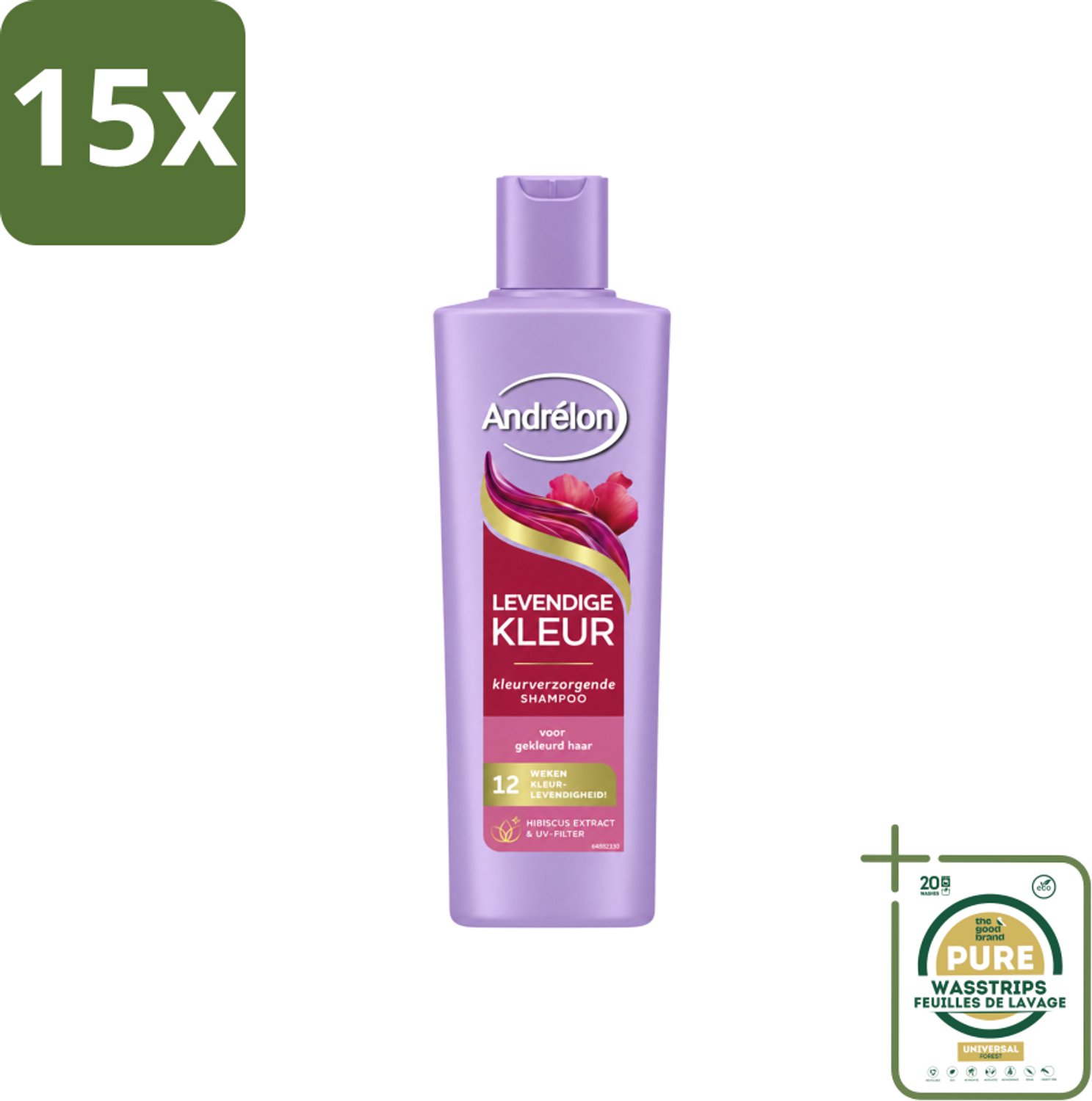 15 x Andrélon – Shampoo – Levendige Kleur – 250 ml - Wasstrips - Kleurbehoud Haar - Haarverzorging - Haarkleur Beschermen - UV-filter Haar - Hibiscus-extract Haar