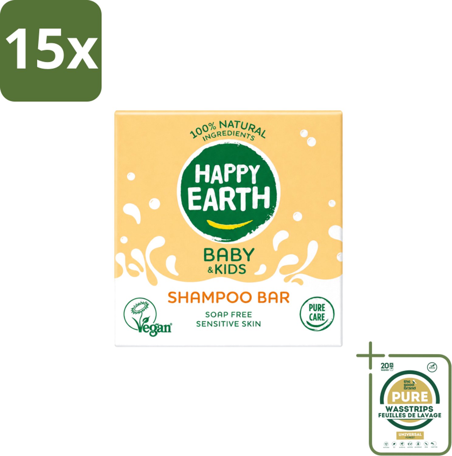 15 x Happy Earth – Shampoo Bar – 100% Natuurlijk Baby & Kids – 50 g - Wasstrips - Baby Shampoo - Natuurlijke Shampoo - Zeepvrije Shampoo - Kinderhuid - Allergeen