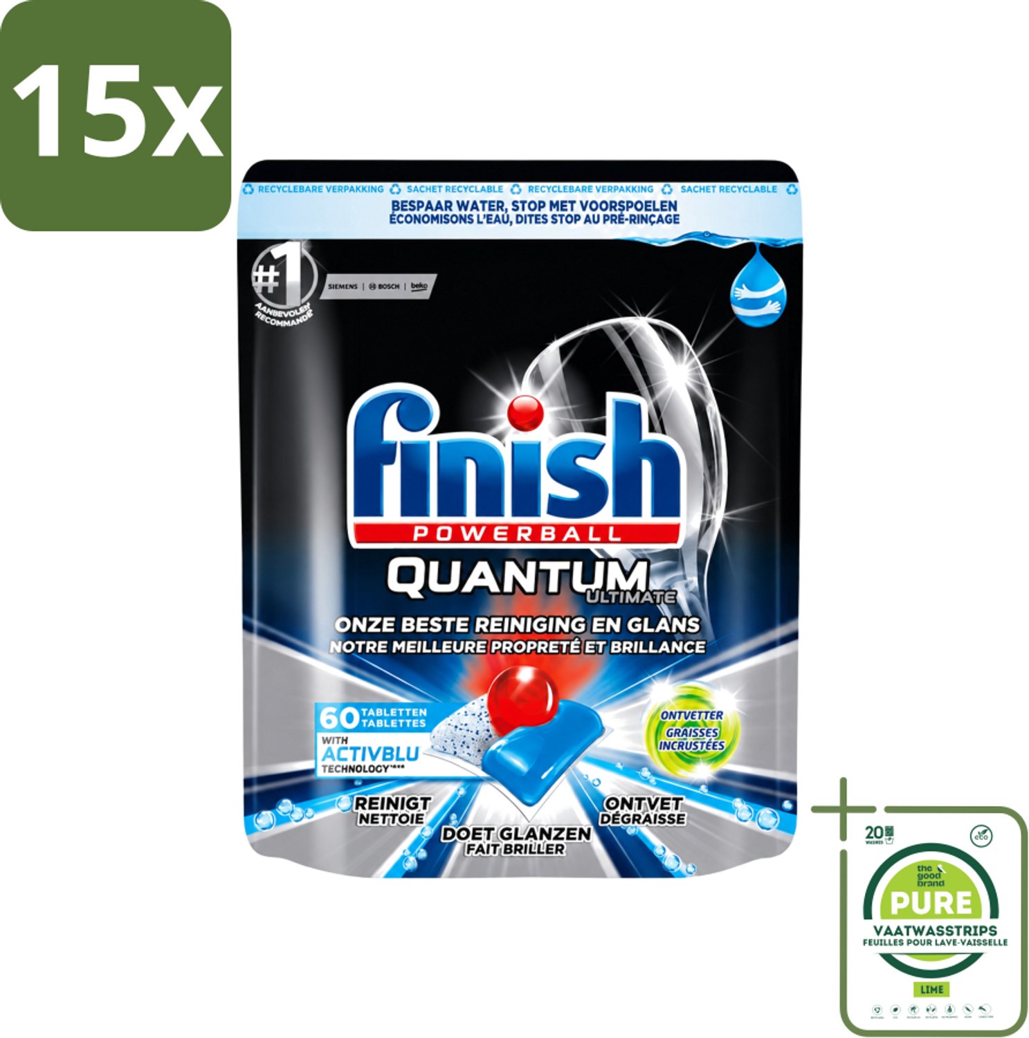 15 x Finish Powerball - Quantum Ultimate - Vaatwastabletten - Ontvetter - 60 Tabletten - Grootverpakking - Vaatwasstrips - Vaatwasmiddel - Vaatwastablet - Ontvetter - Vaat Reinigen - Vaatwasser