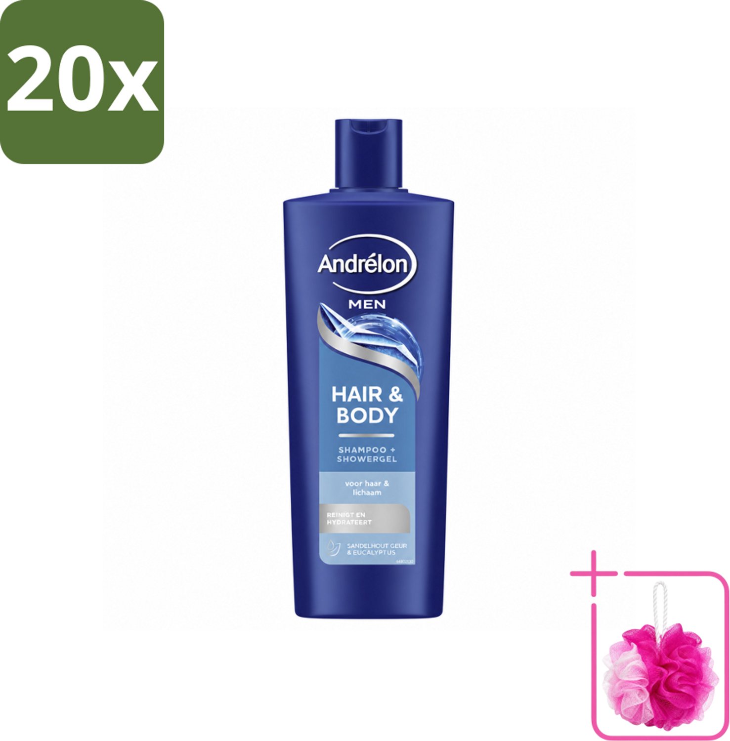 20 x Andrélon – Shampoo – Hair & Body Men – 400 ml - Bulkverpakking - Mannelijke haar en huid verzorging - Douchemop - 2-in-1 shampoo en showergel