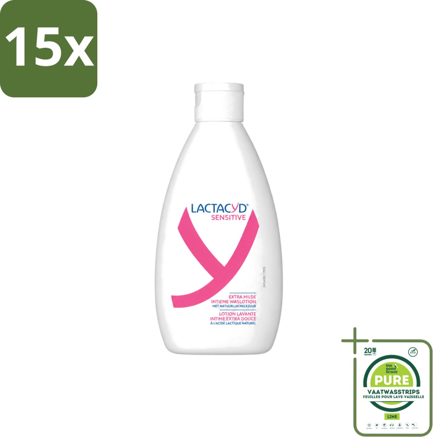 15 x Lactacyd Sensitive - Intieme Waslotion - Extra Gevoelig - Met Natuurlijk Melkzuur - 300 ml - Grootverpakking - Vaatwasstrips - Intieme Waslotion - Gevoelige Huid - Melkzuur - Katoenextract - Extra Milde Waslotion