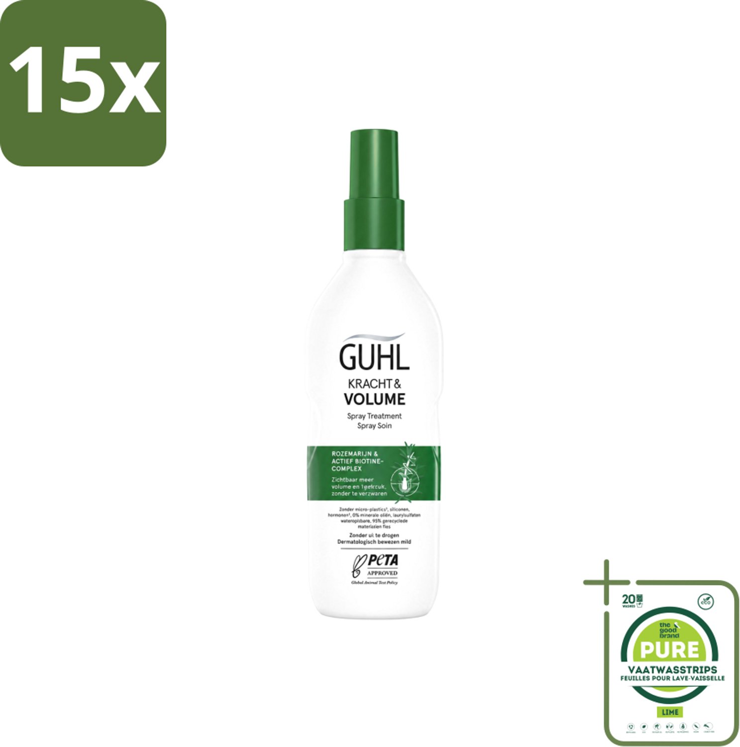 15 x Guhl – Spray Treatment – Kracht & Volume – 150 ml - Grootverpakking - Vaatwasstrips - Haarversterking - Volumeboost - Krachtige Haarverzorging - Dun Haar - Haaruitval