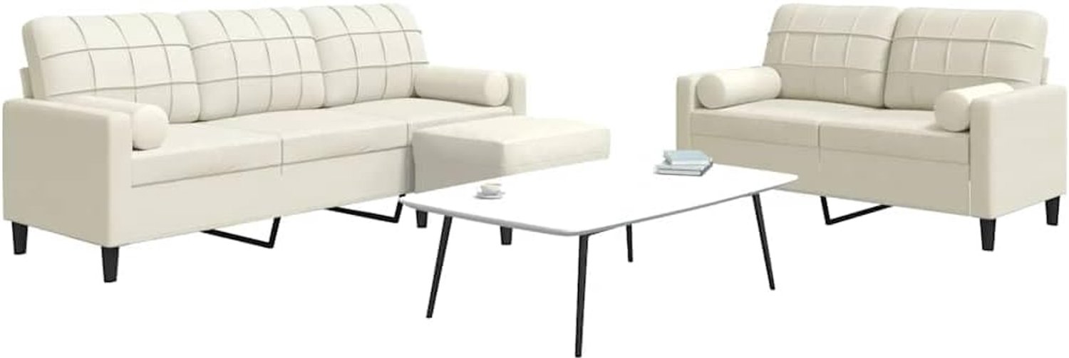 3-delig. Bankset met kussens en nekrollen in crème fluweel, comfortabel zitmeubel met metalen frame en voetenbank, zacht velours bank voor woonkamer, lounge zitgroep