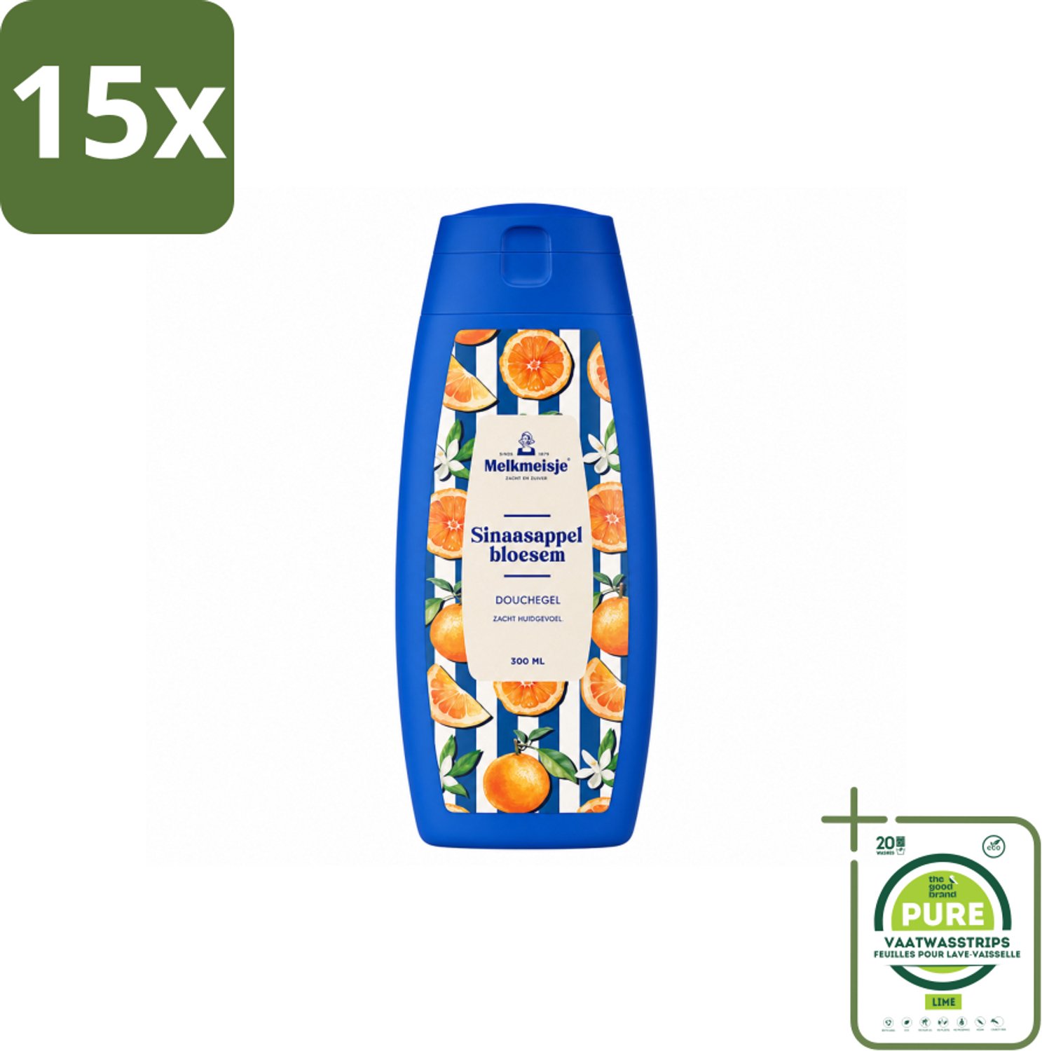15 x Melkmeisje – Douchegel – Sinaasappelbloesem – 300 ml - Grootverpakking - Vaatwasstrips - Douchegel Sinaasappel - Douchegel Sinaasappelbloesem - Fris Huidgevoel - Zachte Huidverzorging - PH-huidneutraal