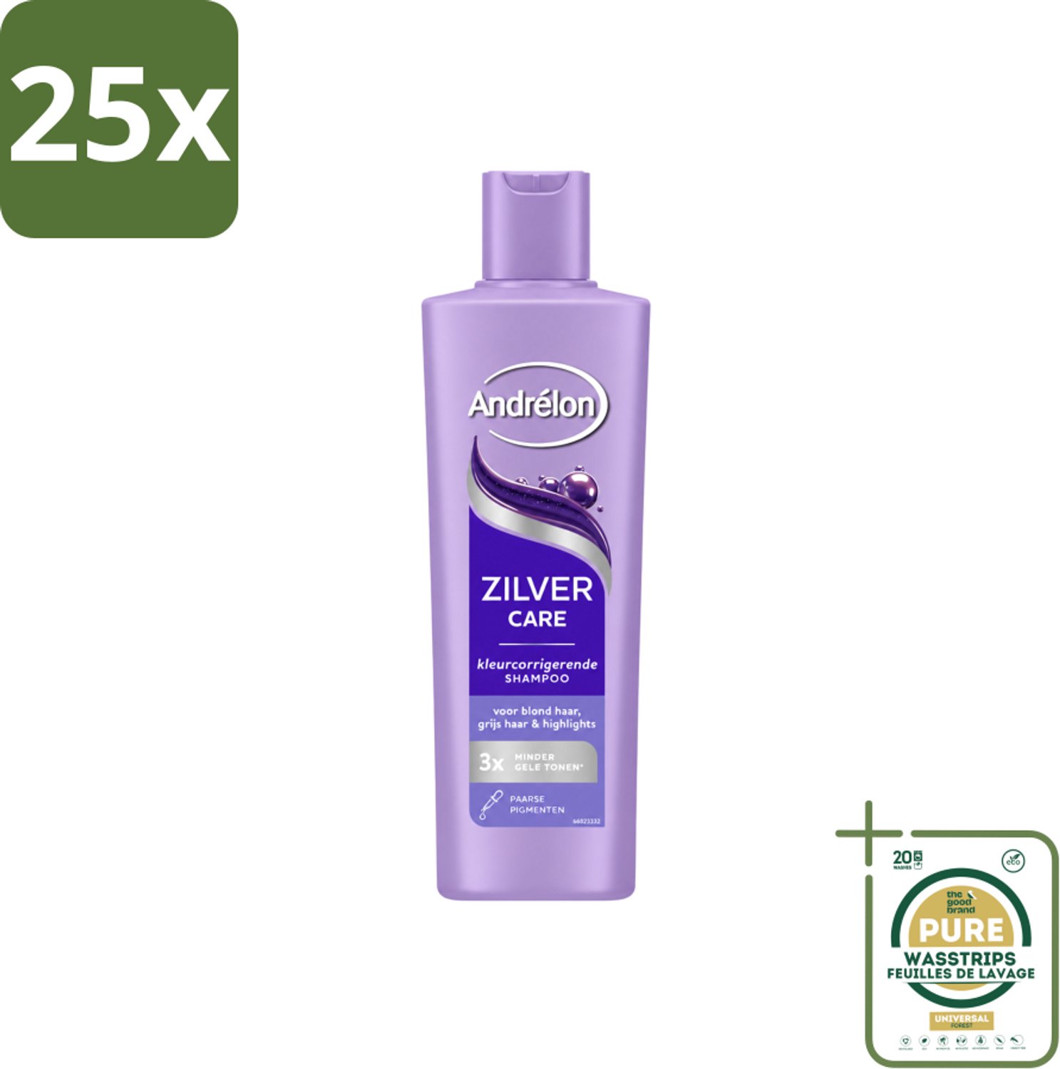 25 x Andrélon – Shampoo – Zilver Care – 250 ml - Wasstrips - Zilver Care Shampoo - Haarkleur Corrigeren - Gele Tonen Verminderen - Paarse Pigmenten - Blond Haar